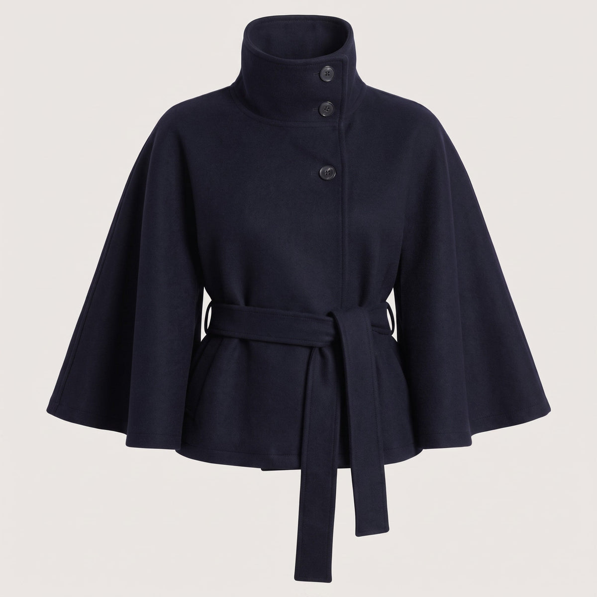 Olivia - Women's Belted Wrap Jacket with Stand Collar and Cape Sleeves - Capes - Blue - Sarvento