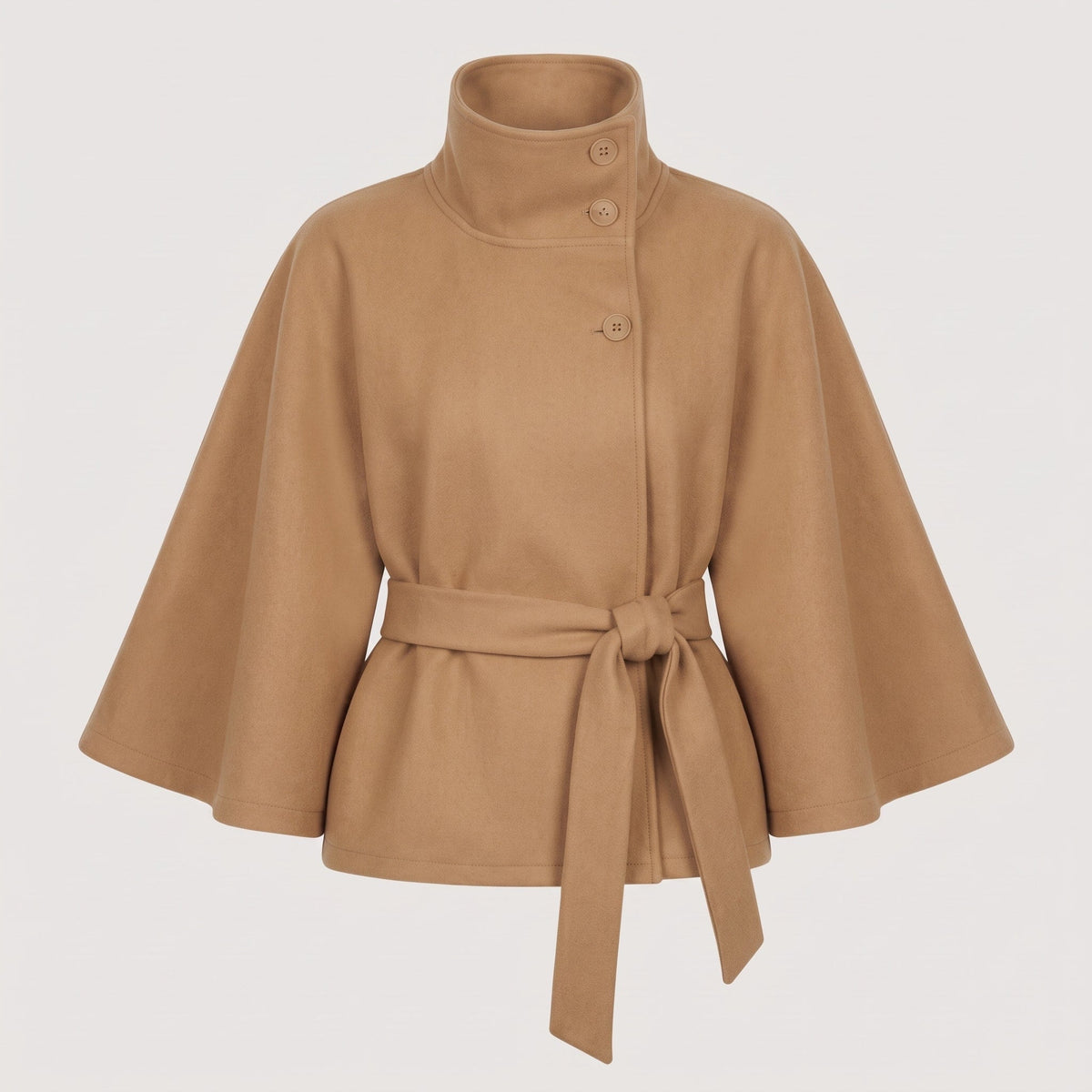Olivia - Women's Belted Wrap Jacket with Stand Collar and Cape Sleeves - Capes - Khaki - Sarvento