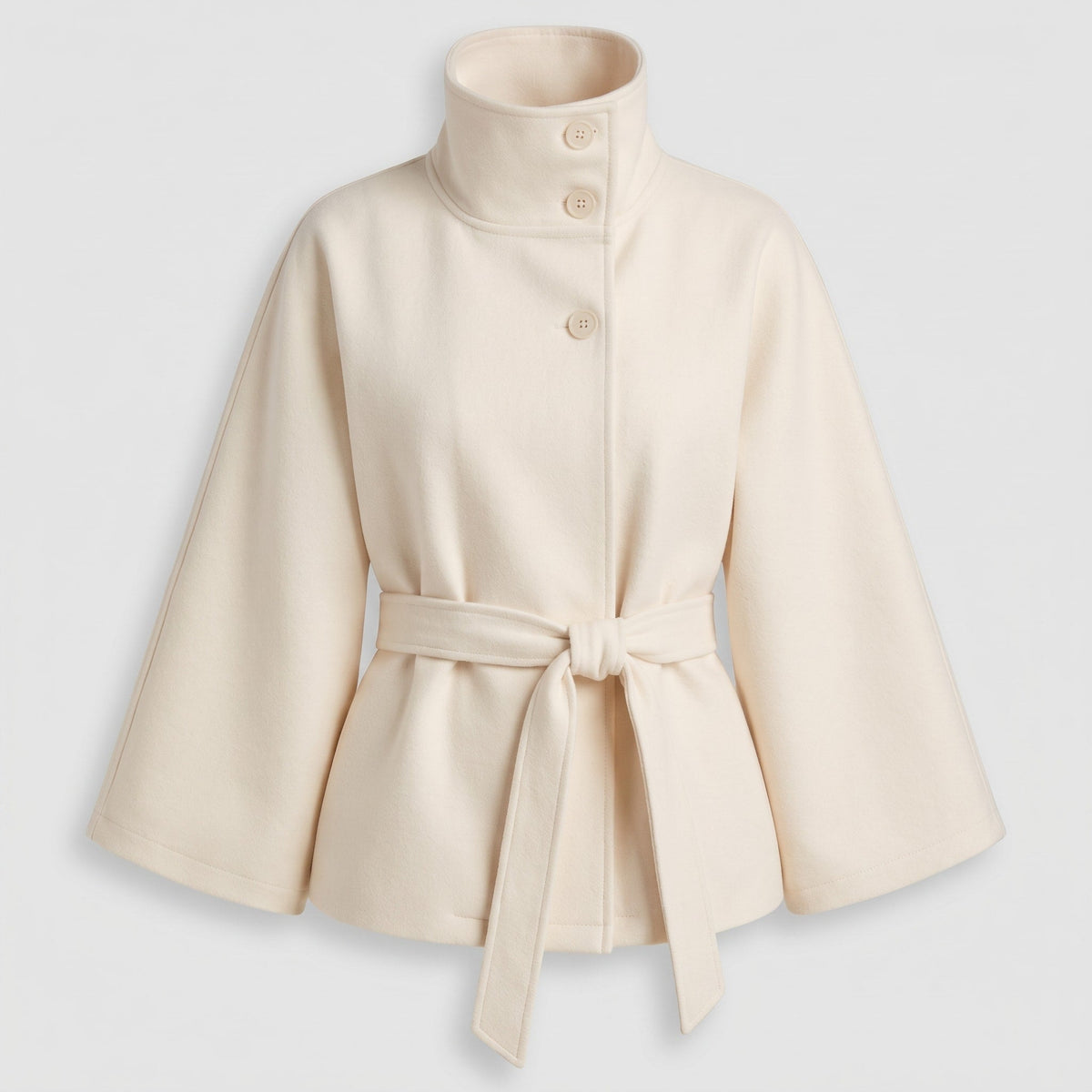 Olivia - Women's Belted Wrap Jacket with Stand Collar and Cape Sleeves - Capes - White - Sarvento