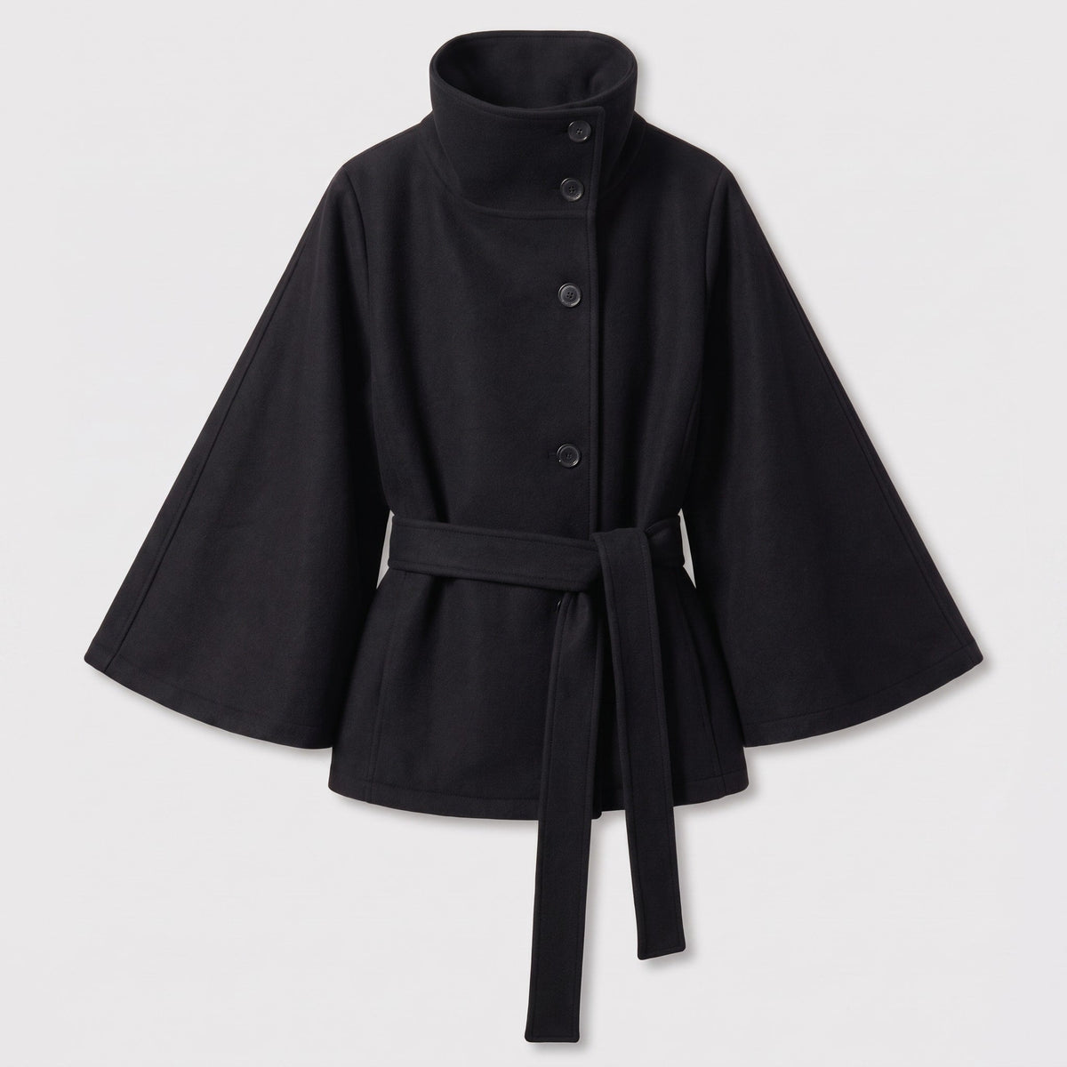 Olivia - Women's Belted Wrap Jacket with Stand Collar and Cape Sleeves - Capes - Black - Sarvento