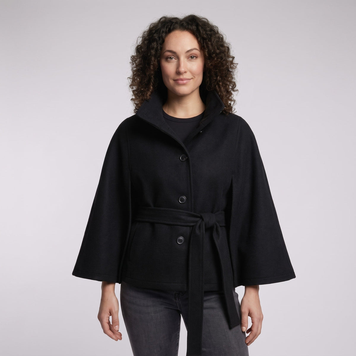Olivia - Women's Belted Wrap Jacket with Stand Collar and Cape Sleeves - Capes - Black - Sarvento