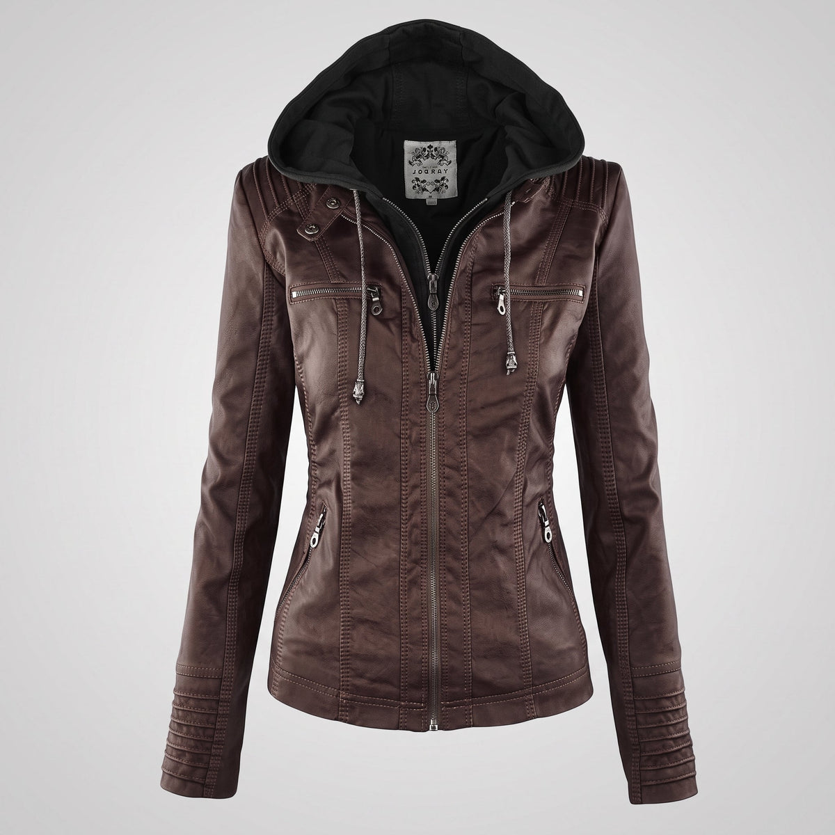 Olivia - Women's Drawstring Hood Full Zip Multi-Pocket Jacket - Jackets - Coffee - Parker&Brooks