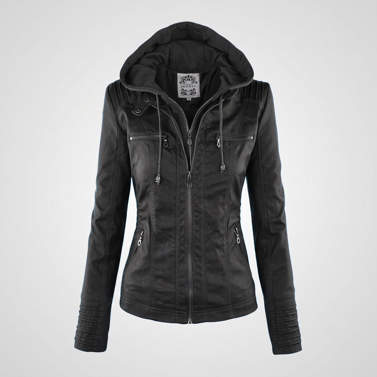 Olivia - Women's Drawstring Hood Full Zip Multi-Pocket Jacket - Jackets - Black - Parker&Brooks