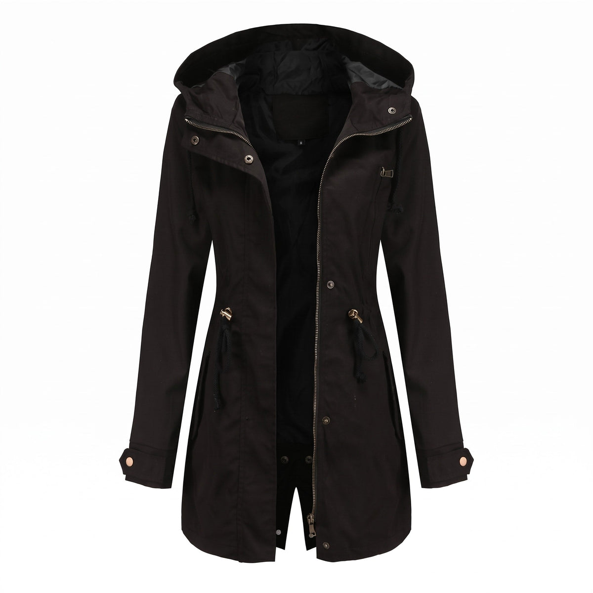 Olivia - Women's Hooded Longline Raincoat with Drawstring Waist - Rain Coat - Black - Sarvento