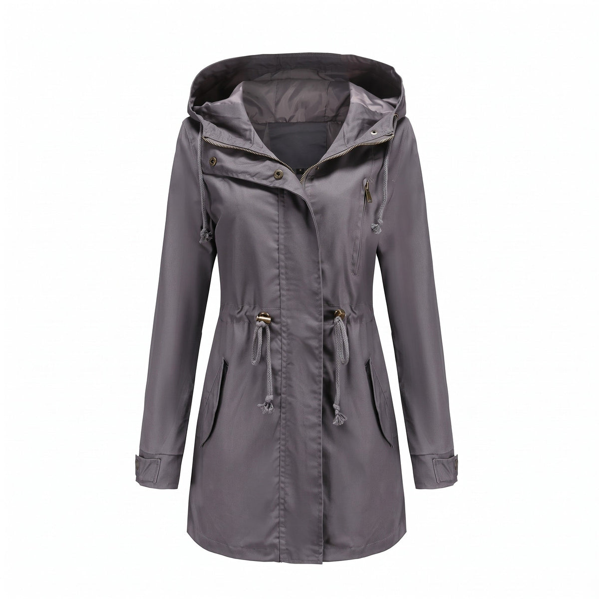 Olivia - Women's Hooded Longline Raincoat with Drawstring Waist - Rain Coat - Gray - Sarvento