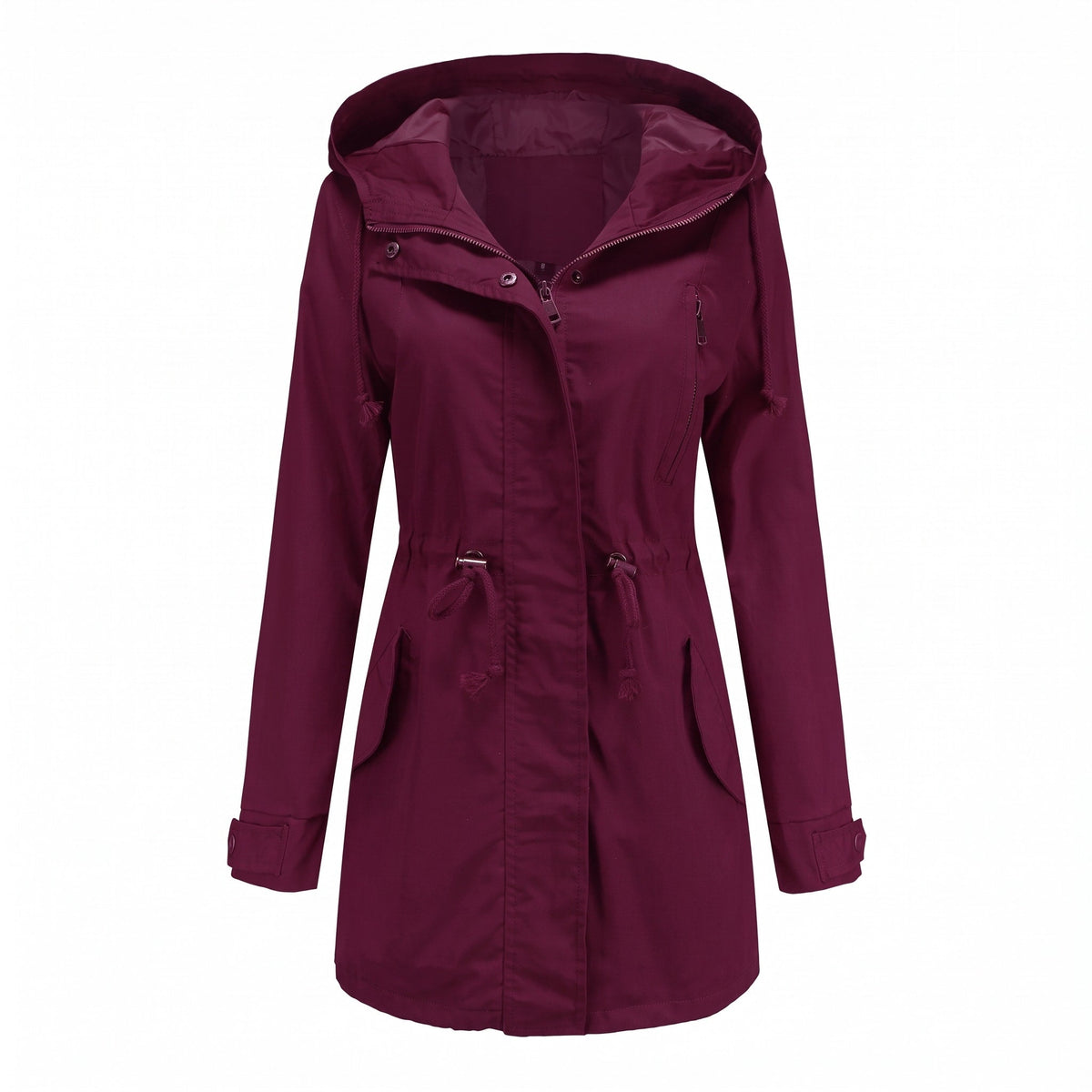 Olivia - Women's Hooded Longline Raincoat with Drawstring Waist - Rain Coat - Burgundy - Sarvento