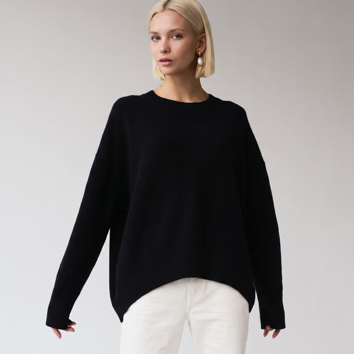 Olivia - Women's Oversized Crewneck Knit Sweater with Ribbed Cuffs - Sweaters - Black - Parker&Brooks