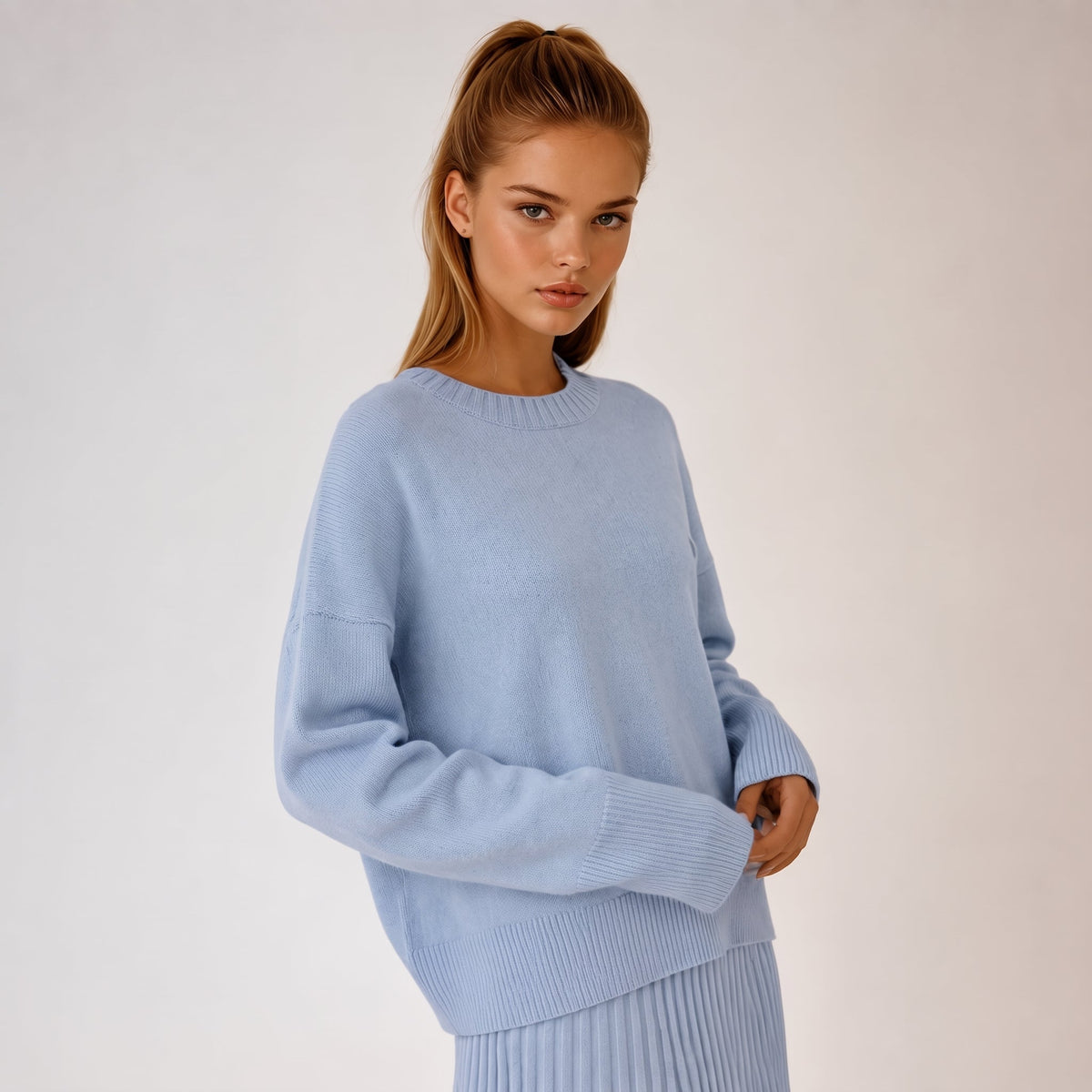 Olivia - Women's Oversized Crewneck Knit Sweater with Ribbed Cuffs - Sweaters - Light Blue - Parker&Brooks