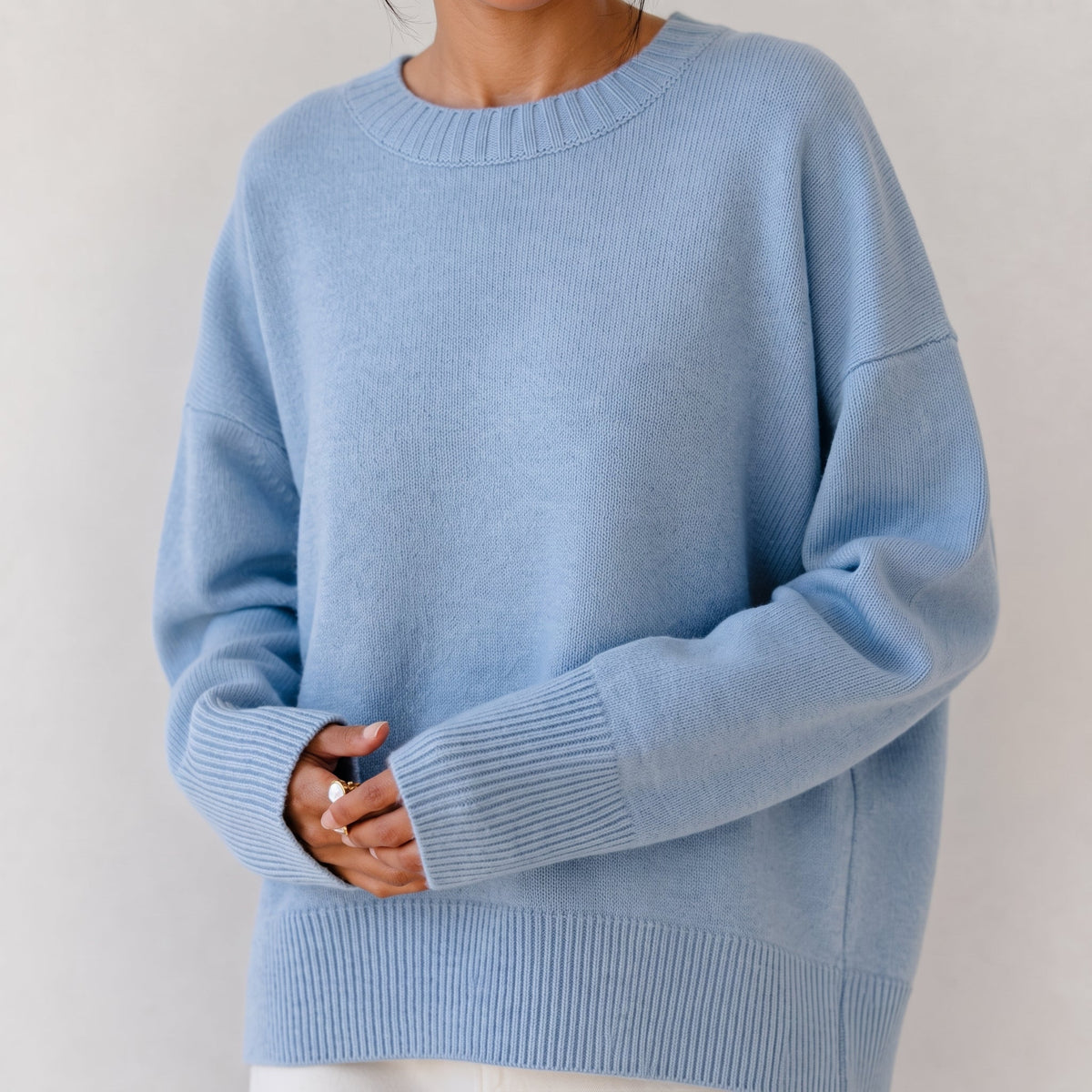 Olivia - Women's Oversized Crewneck Knit Sweater with Ribbed Cuffs - Sweaters - Light Blue - Parker&Brooks