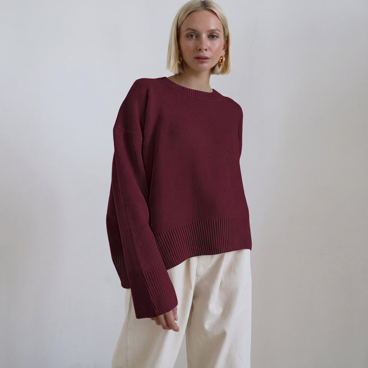 Olivia - Women's Oversized Crewneck Knit Sweater with Ribbed Cuffs - Sweaters - Dark Red - Parker&Brooks