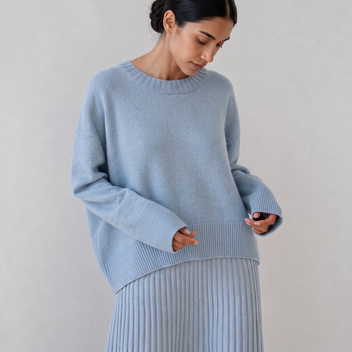 Olivia - Women's Oversized Crewneck Knit Sweater with Ribbed Cuffs - Sweaters - Light Blue - Parker&Brooks