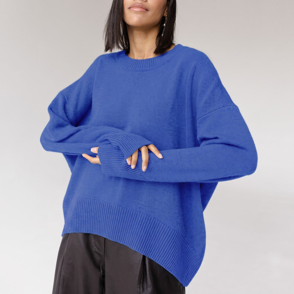 Olivia - Women's Oversized Crewneck Knit Sweater with Ribbed Cuffs - Sweaters - Dark Blue - Parker&Brooks