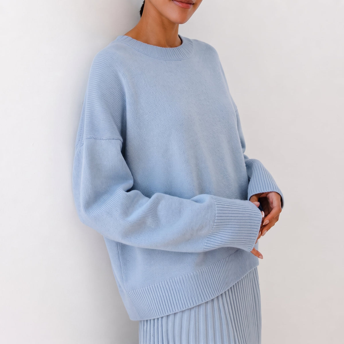 Olivia - Women's Oversized Crewneck Knit Sweater with Ribbed Cuffs - Sweaters - Light Blue - Parker&Brooks