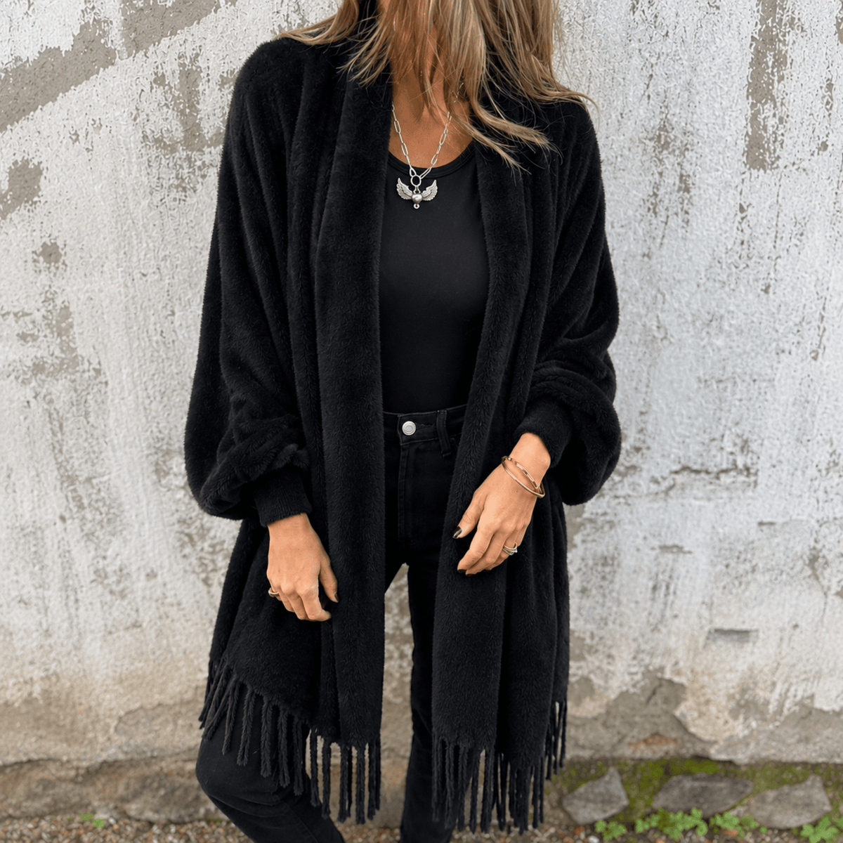 Olivia - Women's Oversized Open Front Wrap Cardigan - Cardigans - Black - Parker&Brooks