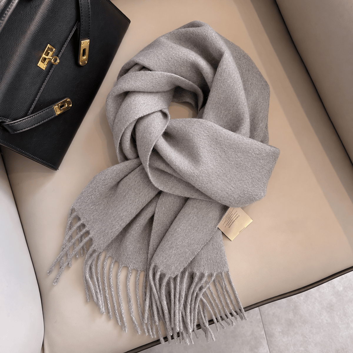 Olivia - Women's Solid Color Narrow Wool Scarf with Fringed Tassel Ends - Scarves & Shawls - Light Gray - Sarvento