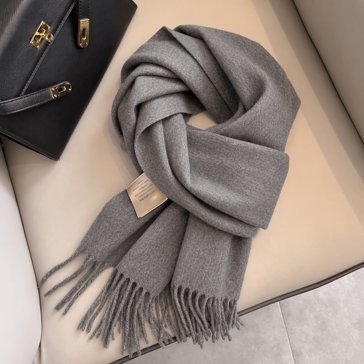 Olivia - Women's Solid Color Narrow Wool Scarf with Fringed Tassel Ends - Scarves & Shawls - Gray - Sarvento