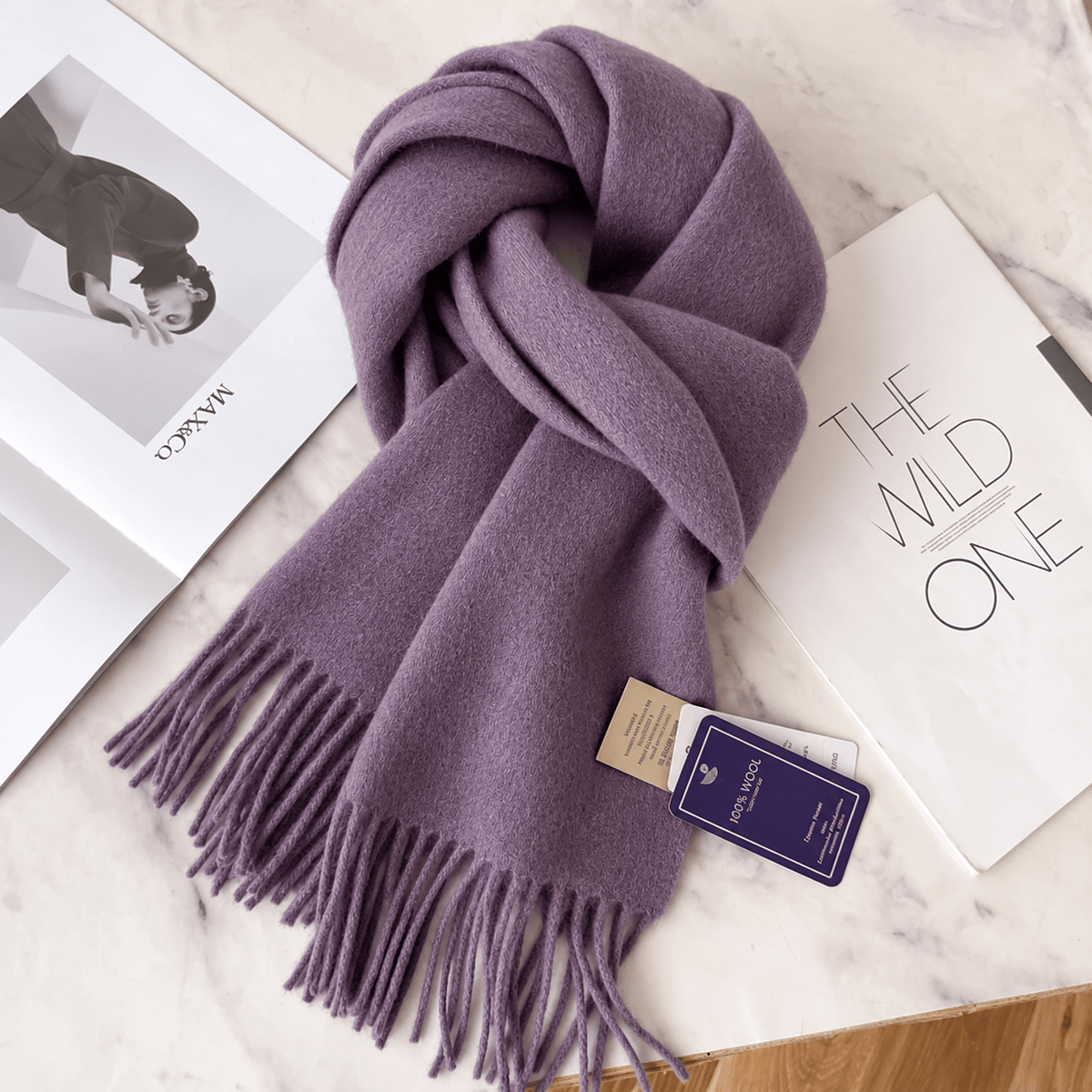 Olivia - Women's Solid Color Narrow Wool Scarf with Fringed Tassel Ends - Scarves & Shawls - Purple - Sarvento