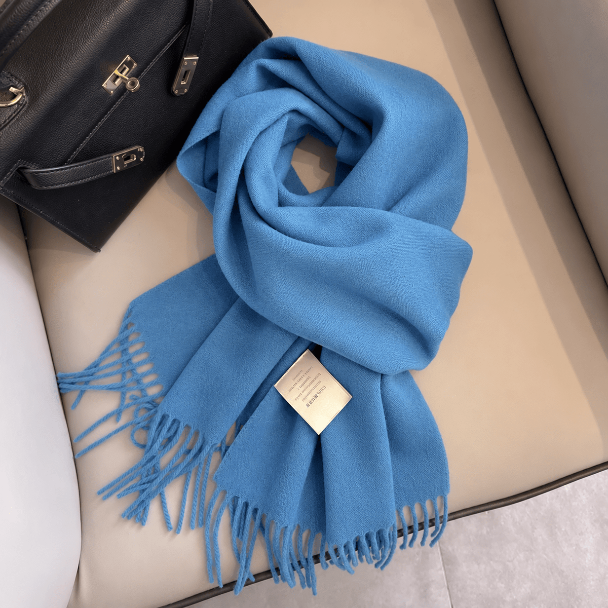 Olivia - Women's Solid Color Narrow Wool Scarf with Fringed Tassel Ends - Scarves & Shawls - Light Blue - Sarvento