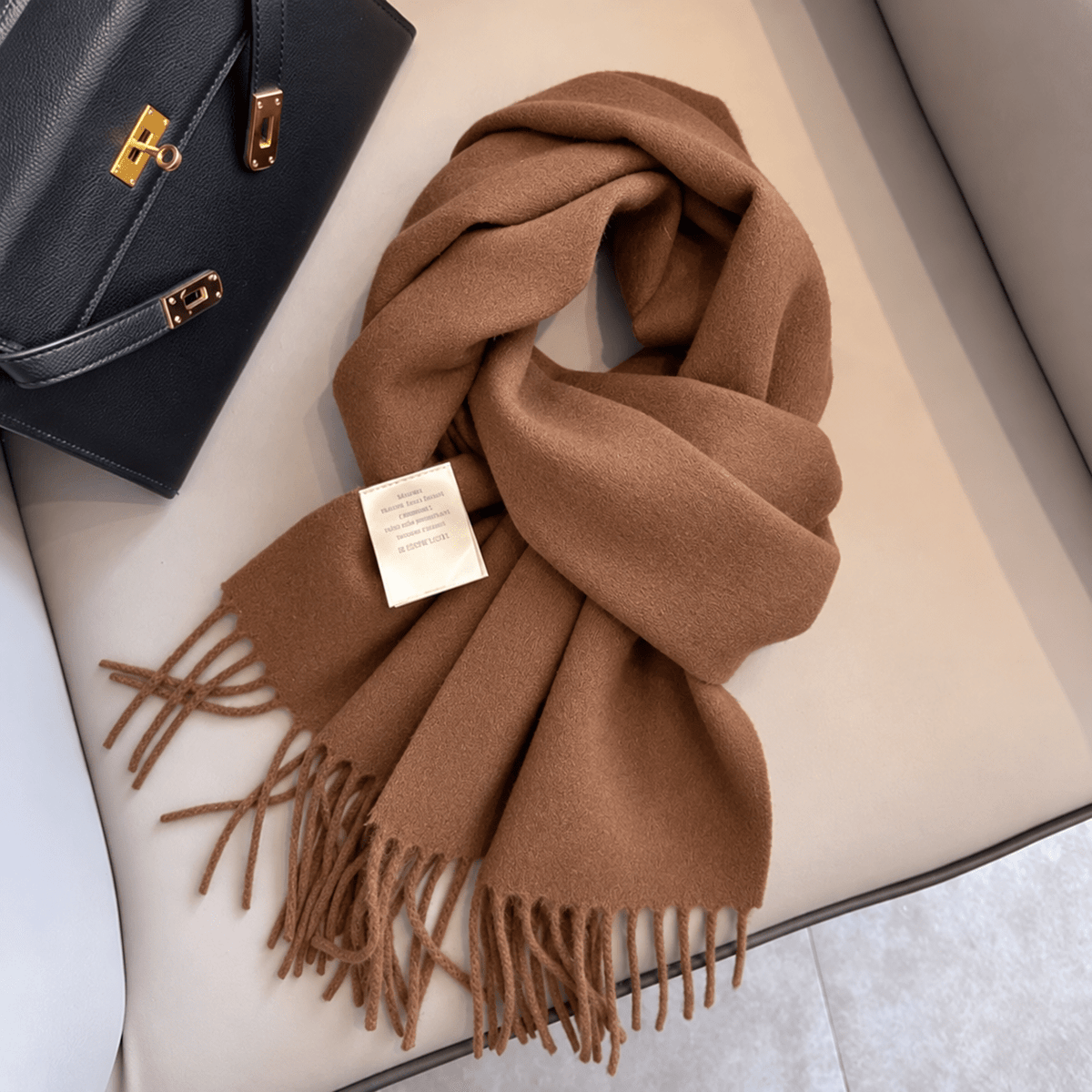 Olivia - Women's Solid Color Narrow Wool Scarf with Fringed Tassel Ends - Scarves & Shawls - Brown - Sarvento