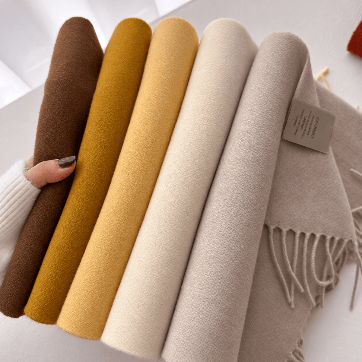 Olivia - Women's Solid Color Narrow Wool Scarf with Fringed Tassel Ends - Scarves & Shawls - Brown - Sarvento