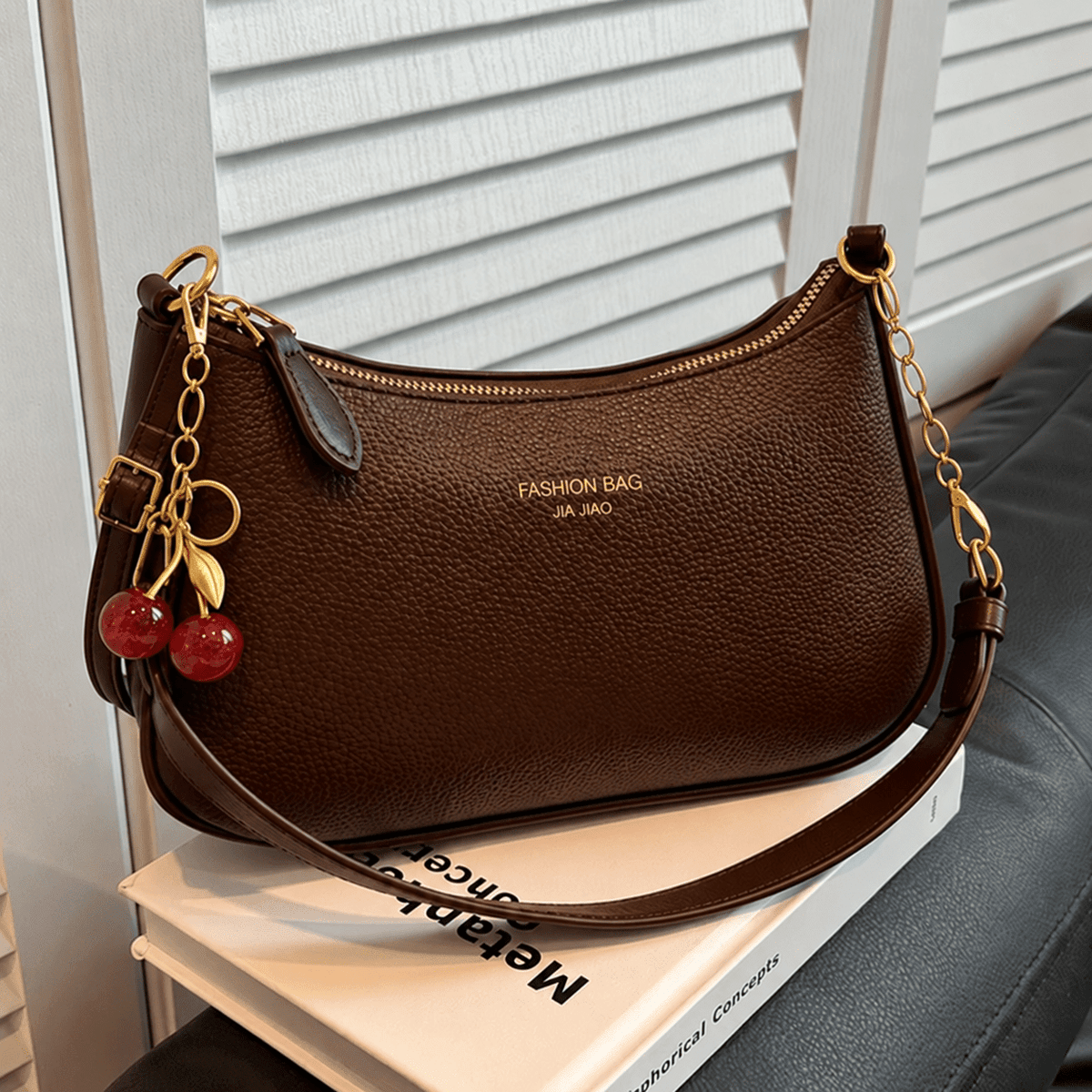 Olivia - Women's Structured Chain Strap Shoulder Bag with Cherry Charm Detail - Shoulder Bags - White - Sarvento