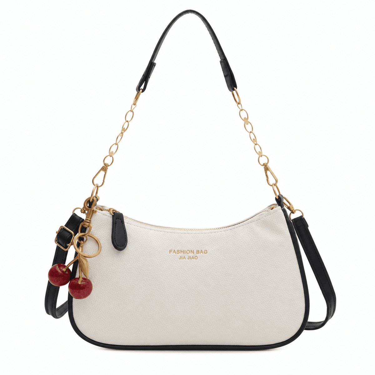 Olivia - Women's Structured Chain Strap Shoulder Bag with Cherry Charm Detail - Shoulder Bags - White - Sarvento