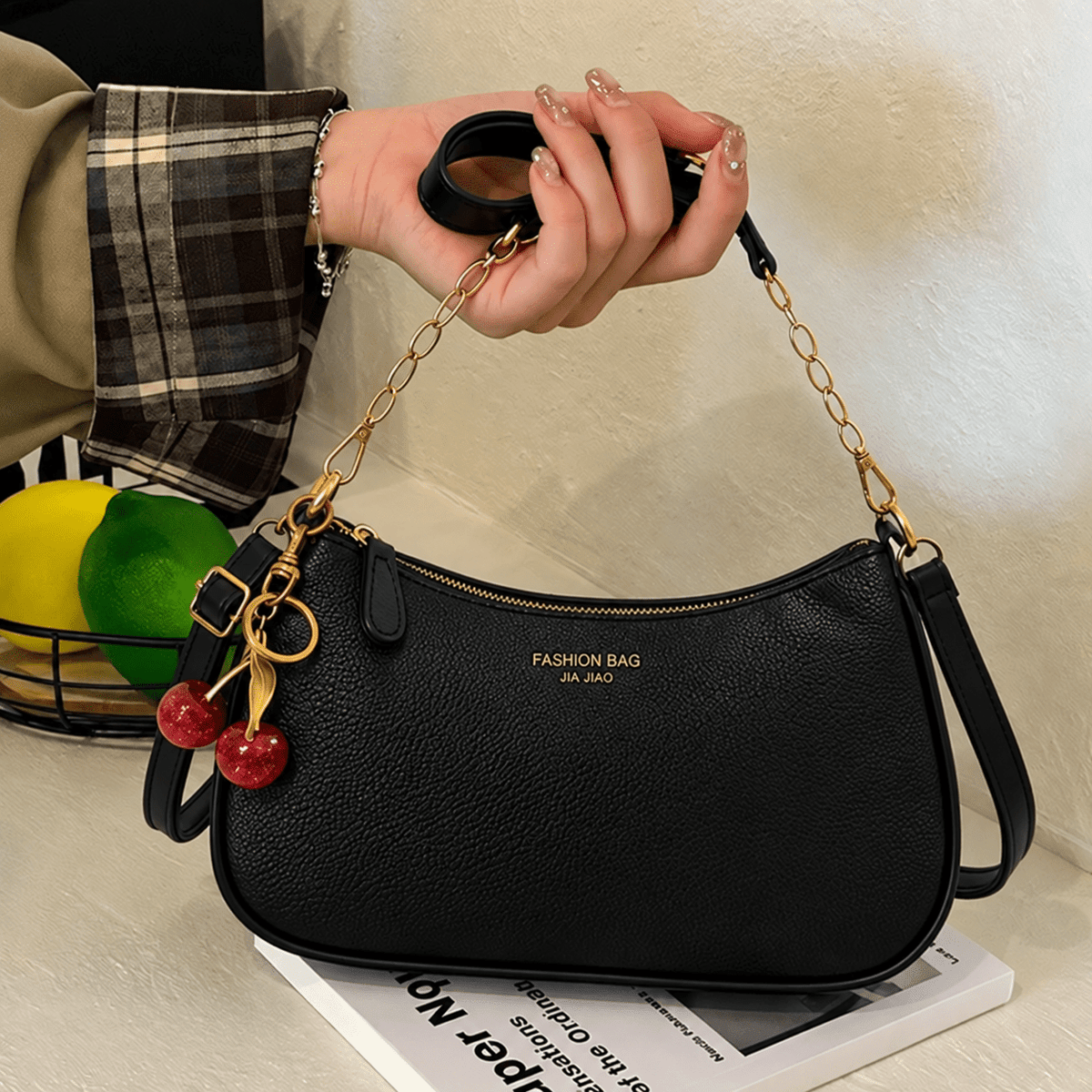 Olivia - Women's Structured Chain Strap Shoulder Bag with Cherry Charm Detail - Shoulder Bags - Black - Sarvento