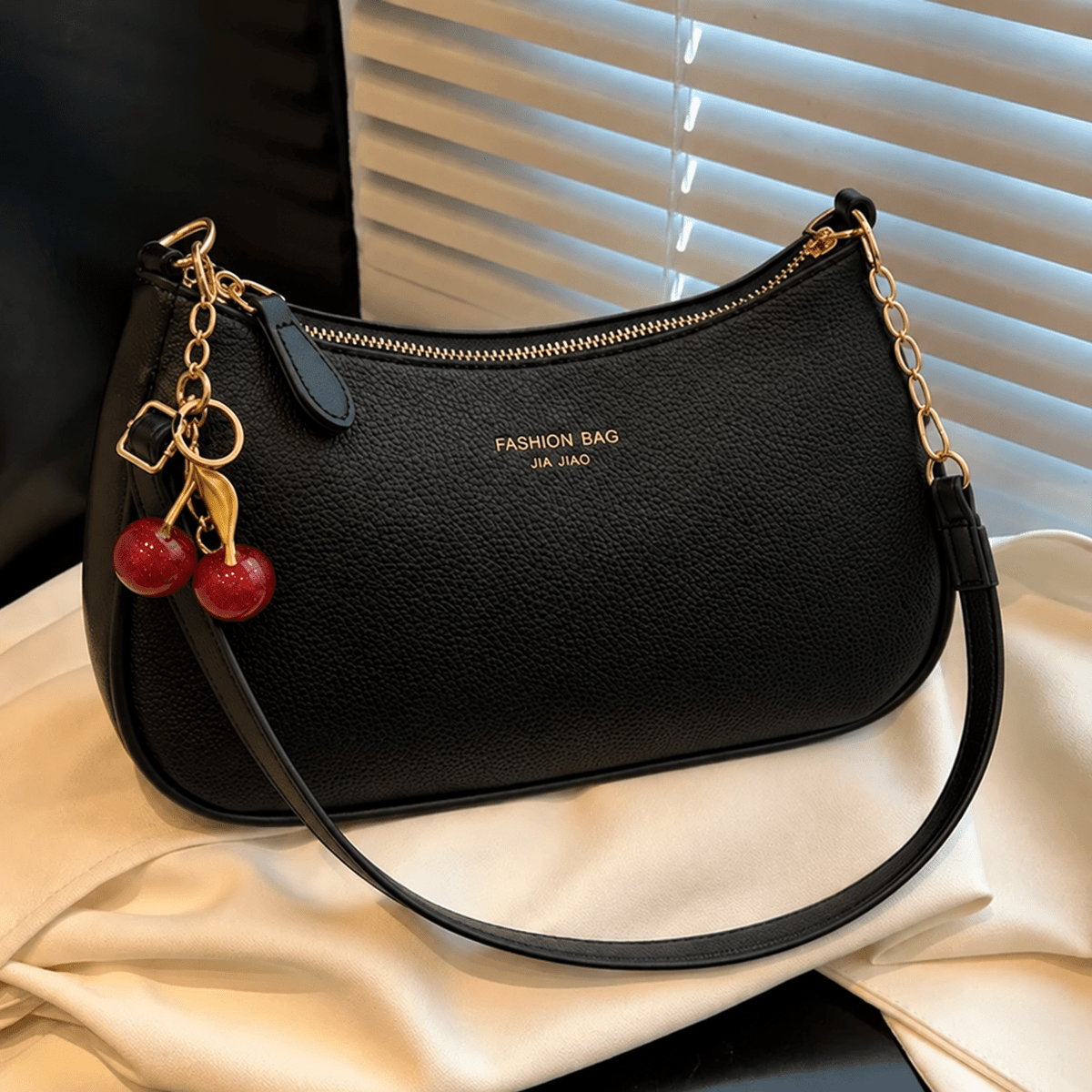 Olivia - Women's Structured Chain Strap Shoulder Bag with Cherry Charm Detail - Shoulder Bags - Black - Sarvento