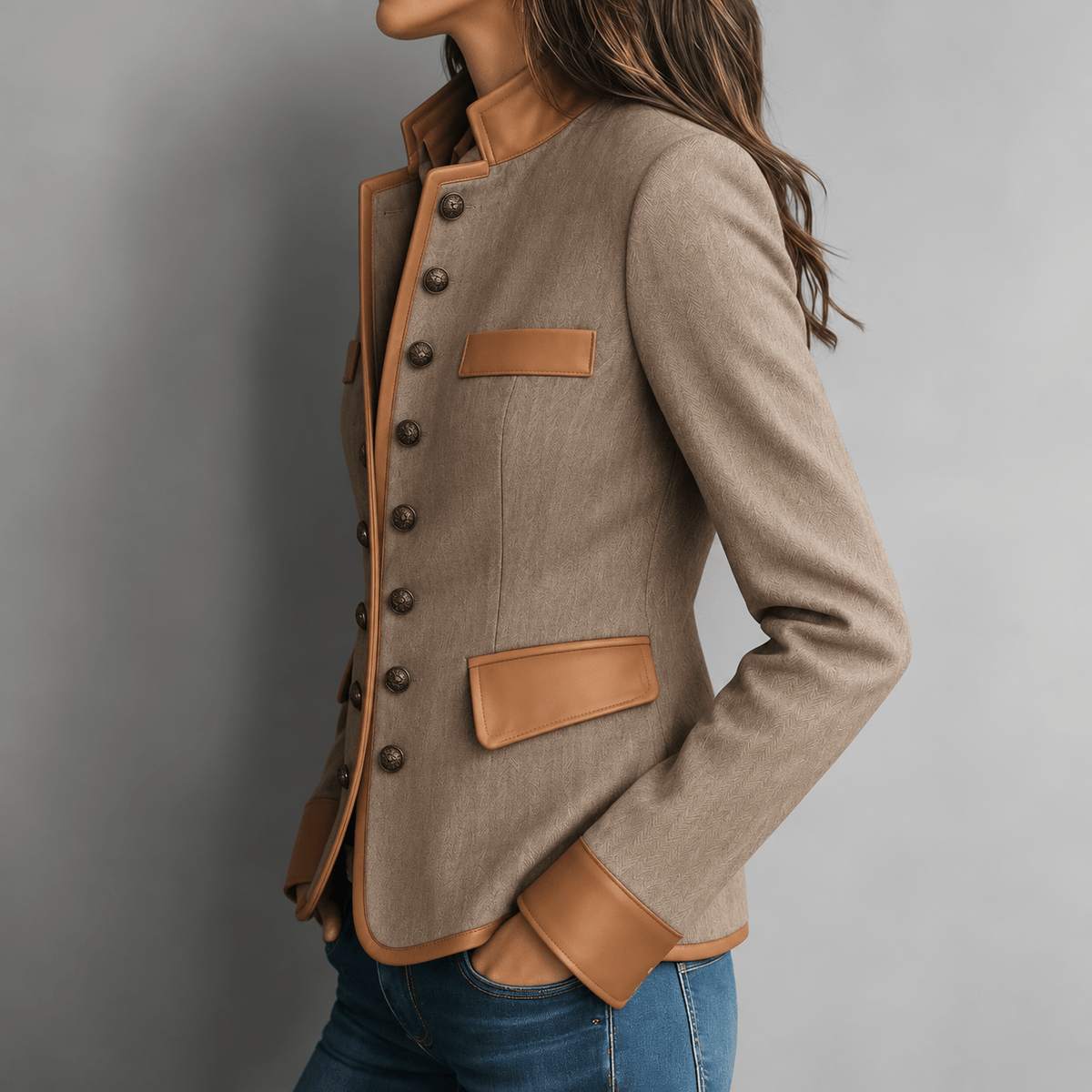 Olivia - Women's Tailored Collared Jacket with Contrast Trim and Button Front - Coats & Jackets - Brown - Sarvento