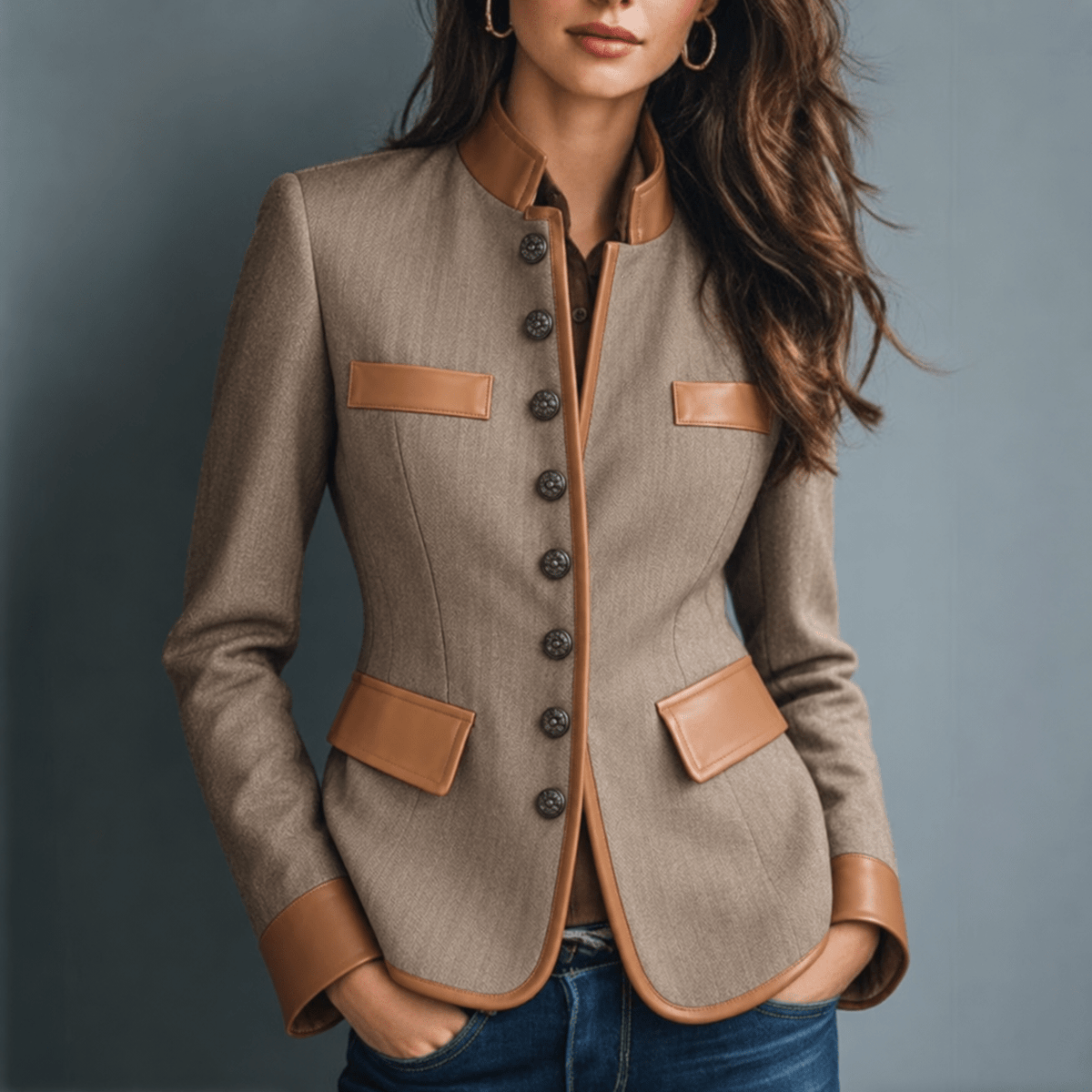 Olivia - Women's Tailored Collared Jacket with Contrast Trim and Button Front - Coats & Jackets - Brown - Sarvento
