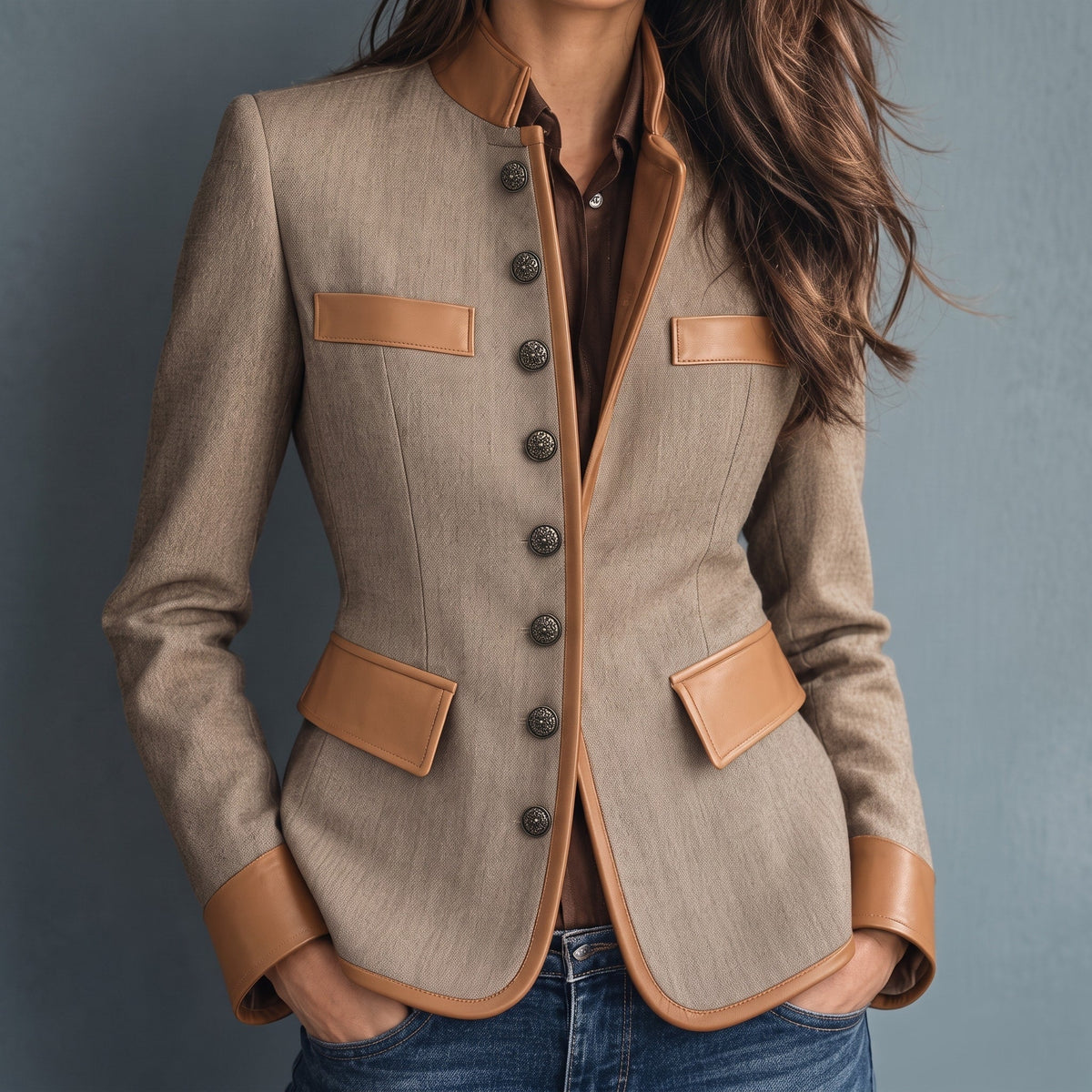 Olivia - Women's Tailored Collared Jacket with Contrast Trim and Button Front - Coats & Jackets - Brown - Sarvento