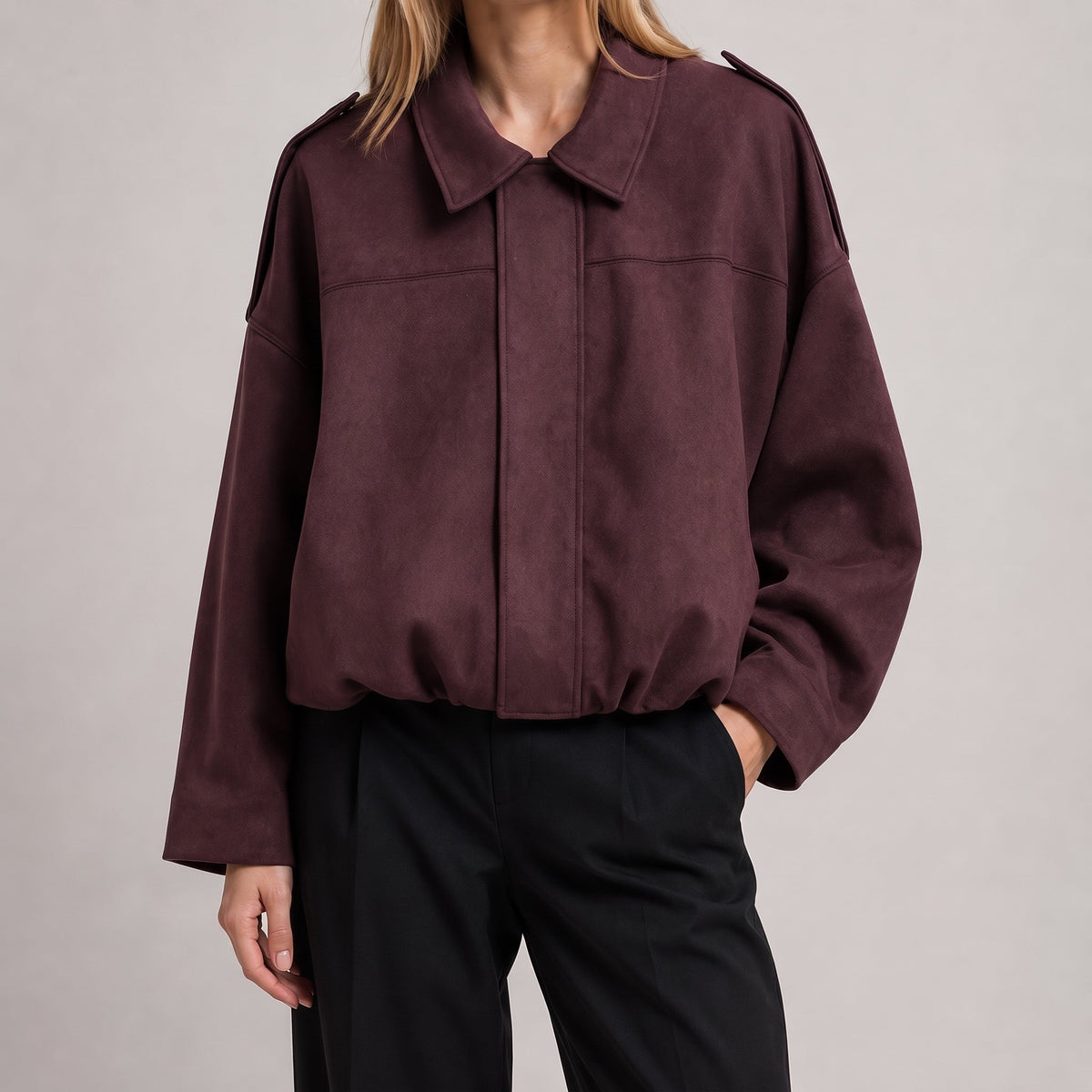 Olivia - Women's Vintage Dropped Shoulder Suede Bomber Jacket - Bomber Jackets - Burgundy - Parker&Brooks
