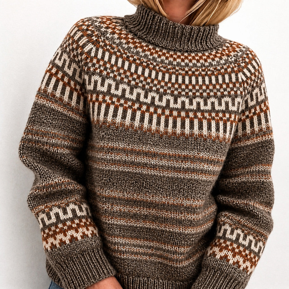 Oona - Women's Fair Isle Turtleneck Sweater with Knit Pattern - Sweaters - Dark Brown - Parker&Brooks
