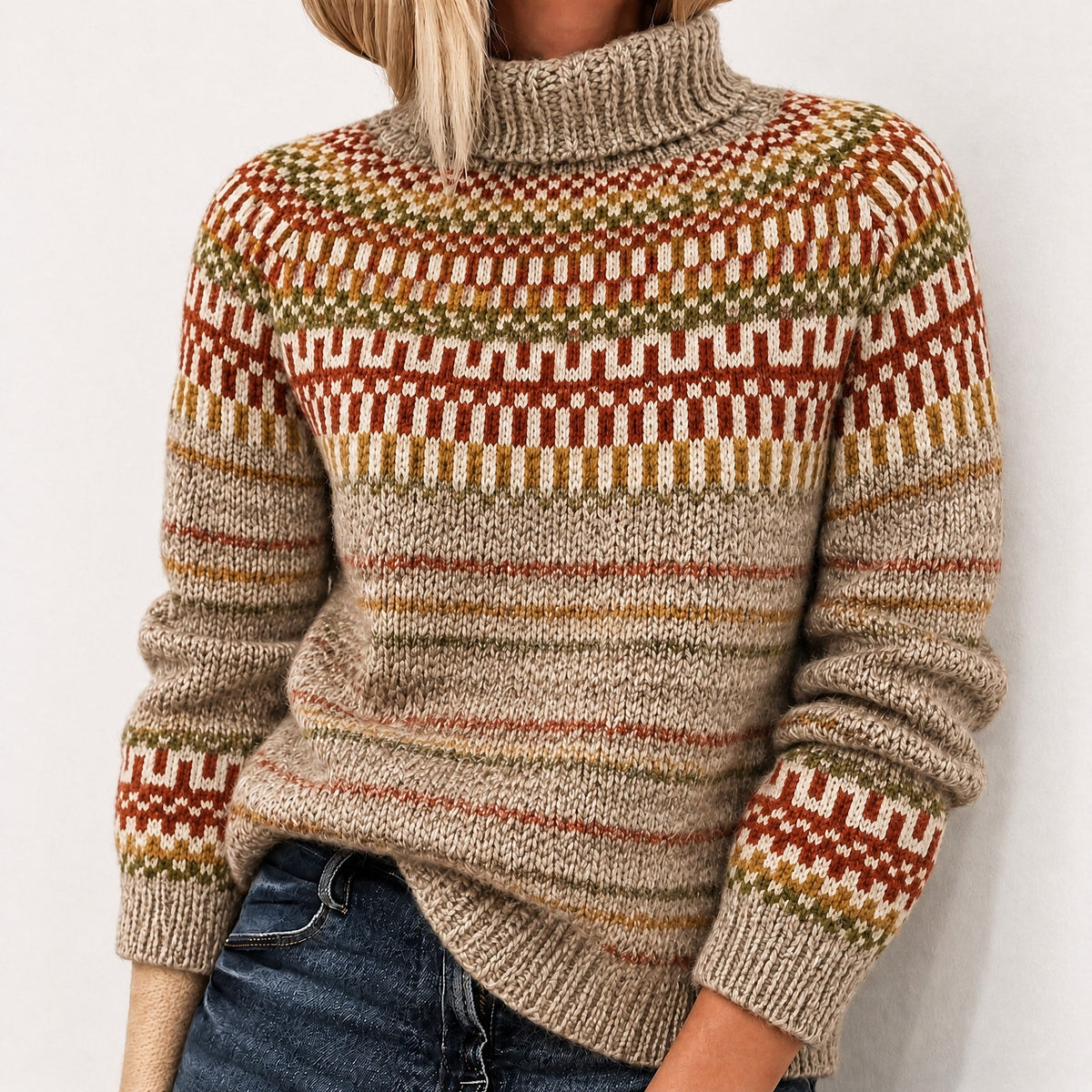 Oona - Women's Fair Isle Turtleneck Sweater with Knit Pattern - Sweaters - Khaki - Parker&Brooks