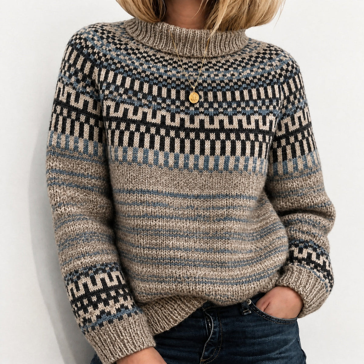 Oona - Women's Fair Isle Turtleneck Sweater with Knit Pattern - Sweaters - Light Brown - Parker&Brooks