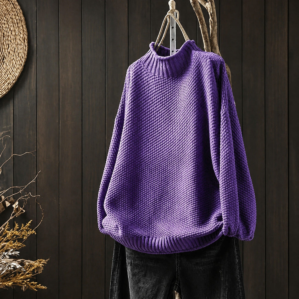 Oskar - Men's Oversized Mock Neck Knit Sweater with Ribbed Cuffs - Sweaters - Purple - Parker&Brooks