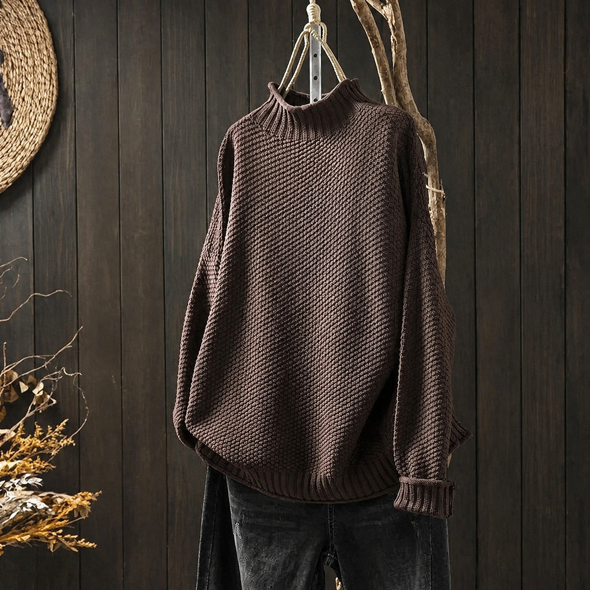 Oskar - Men's Oversized Mock Neck Knit Sweater with Ribbed Cuffs - Sweaters - Brown - Parker&Brooks
