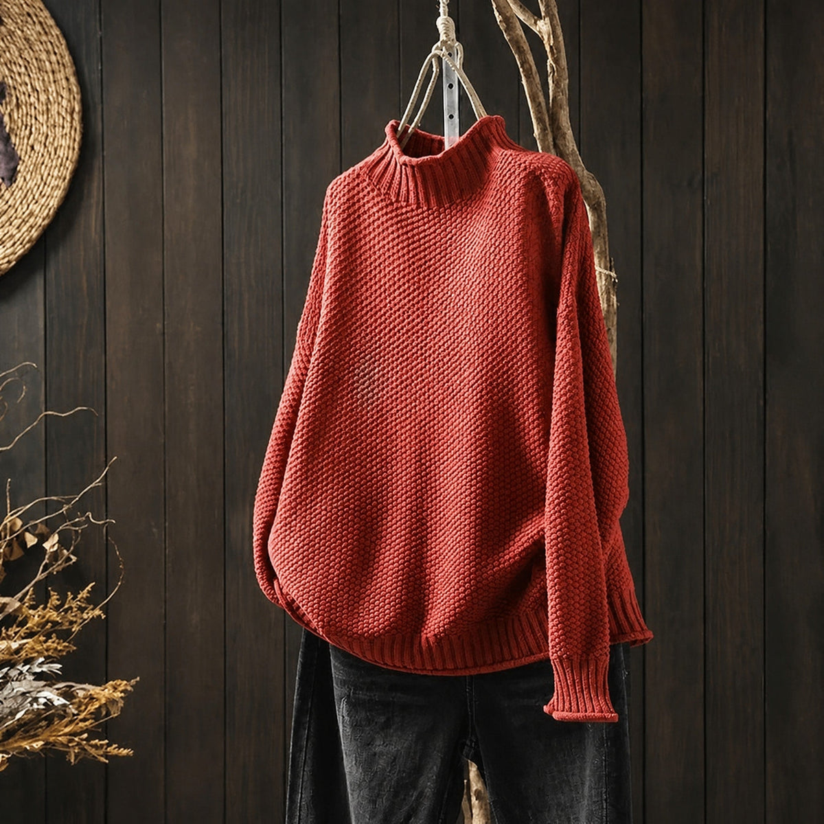 Oskar - Men's Oversized Mock Neck Knit Sweater with Ribbed Cuffs - Sweaters - Red - Parker&Brooks