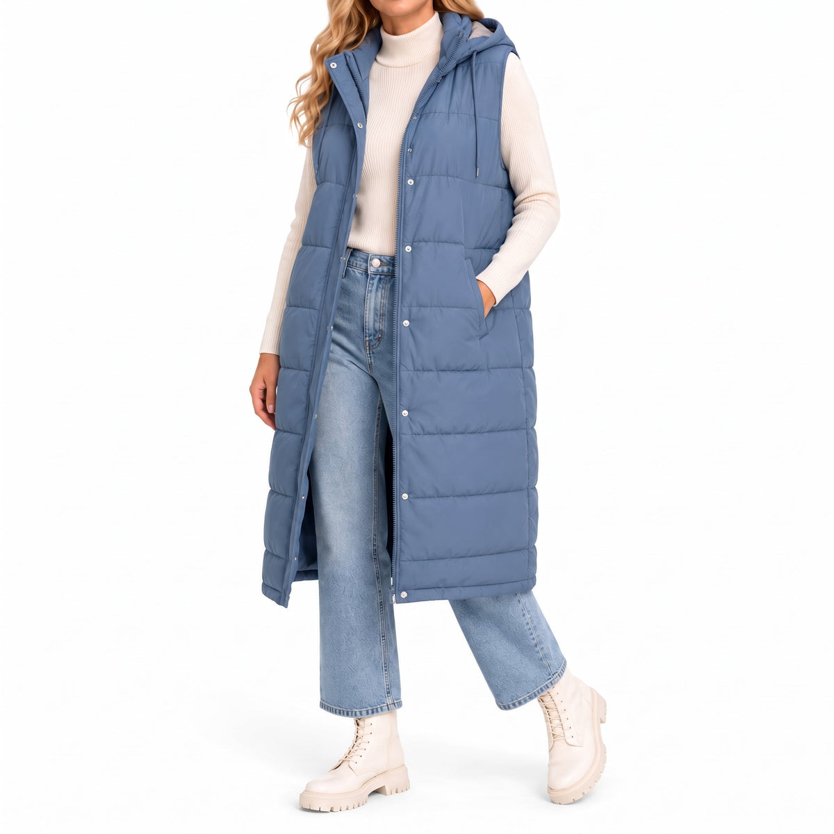 Parque - Women's Longline Hooded Puffer Gilet with Side Pockets - Vests - Blue - Parker&Brooks