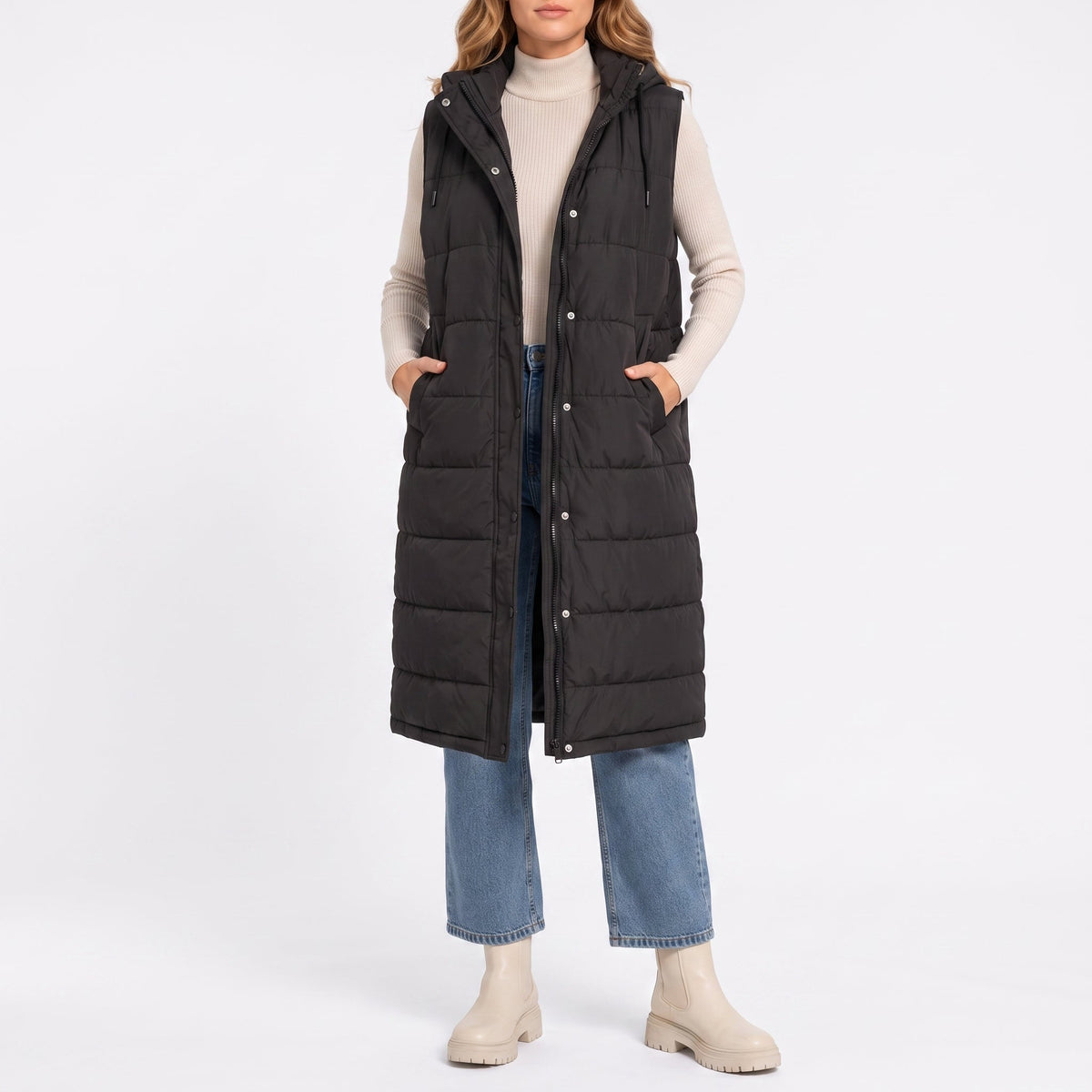 Parque - Women's Longline Hooded Puffer Gilet with Side Pockets - Vests - Black - Parker&Brooks
