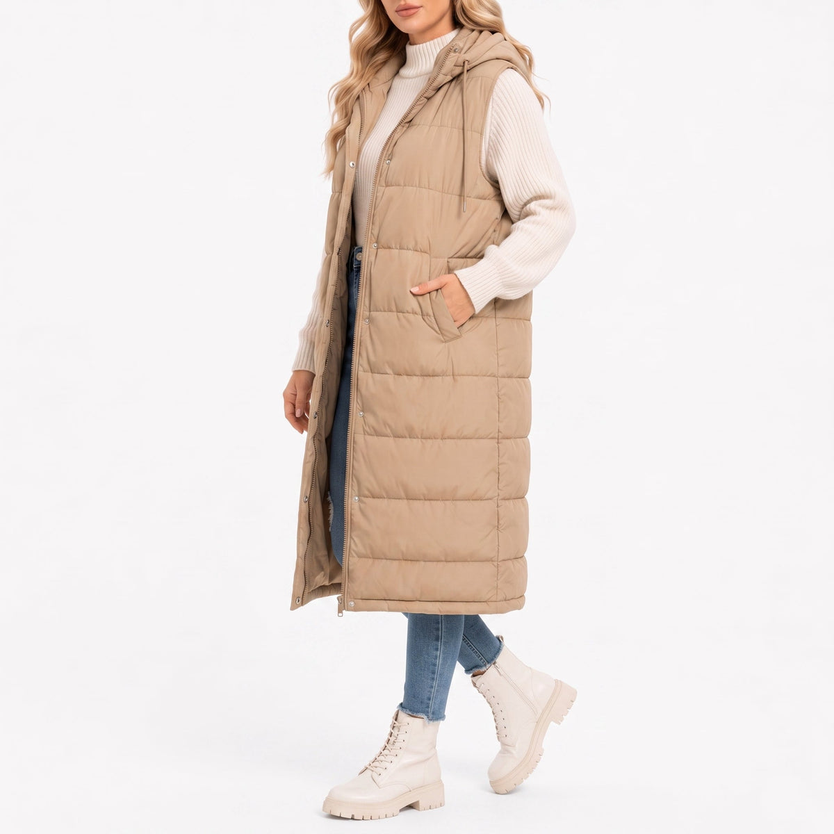 Parque - Women's Longline Hooded Puffer Gilet with Side Pockets - Vests - Beige - Parker&Brooks