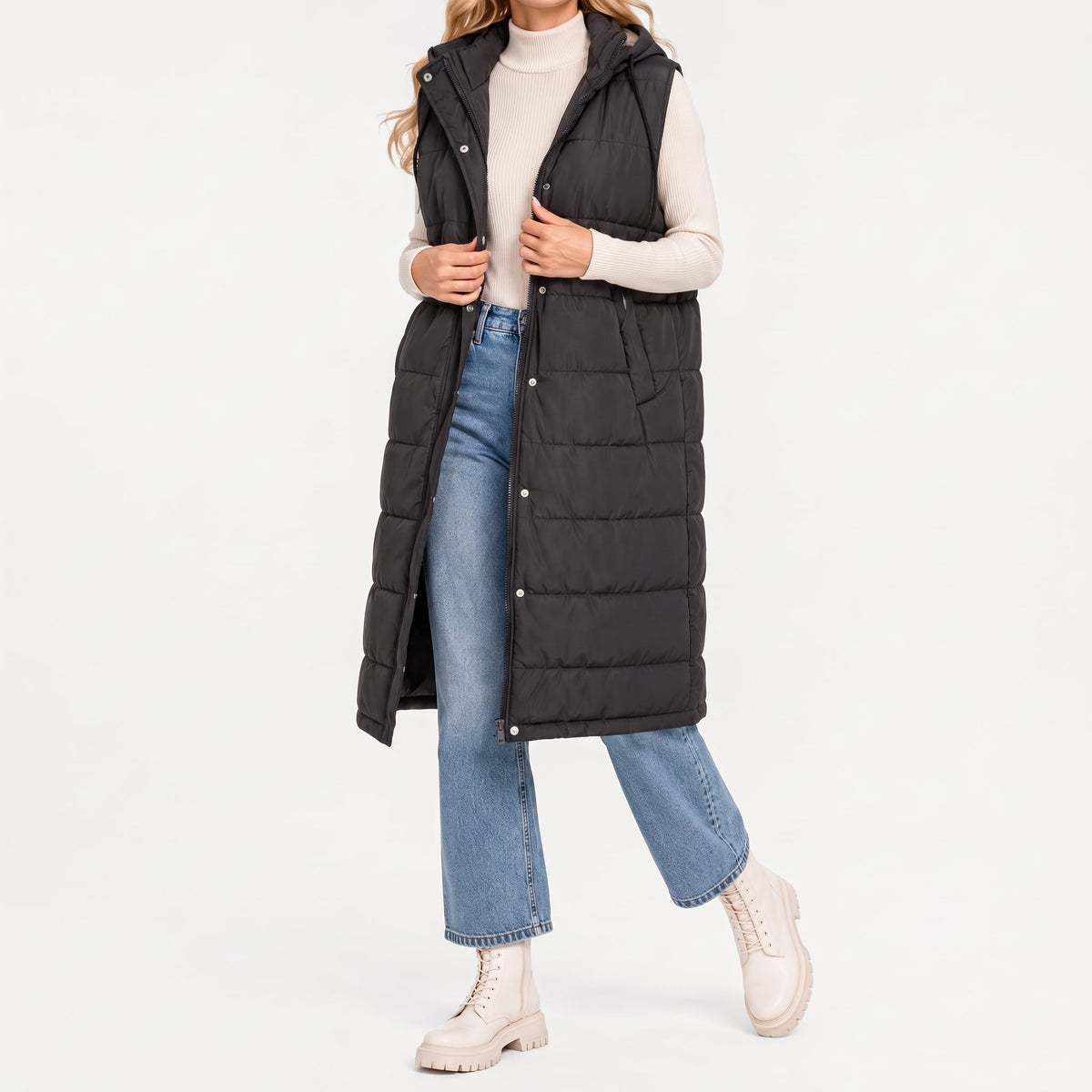 Parque - Women's Longline Hooded Puffer Gilet with Side Pockets - Vests - Beige - Parker&Brooks