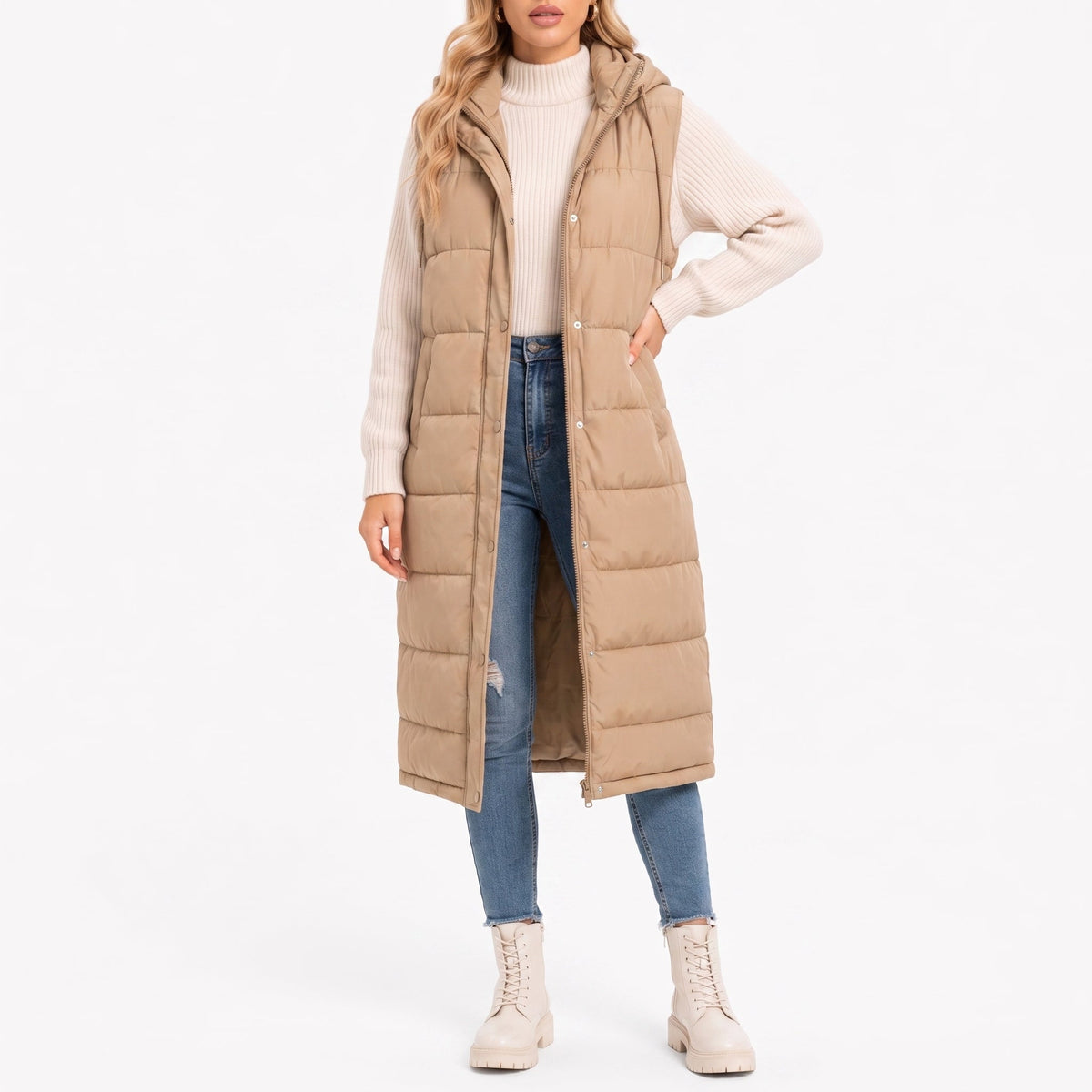 Parque - Women's Longline Hooded Puffer Gilet with Side Pockets - Vests - Beige - Parker&Brooks