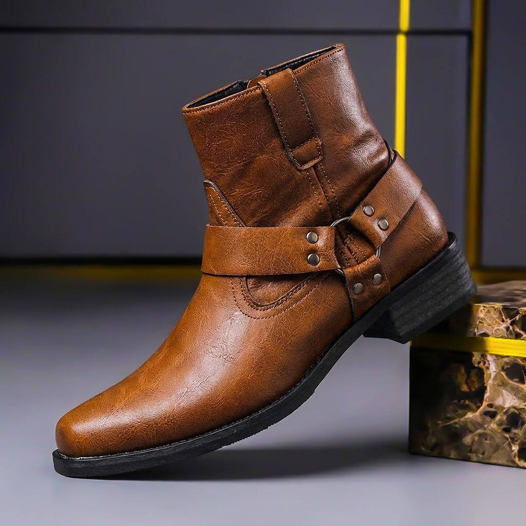 Philip - Men's Harness Ankle Boots with Buckle Strap - Boots - Brown - Sarvento