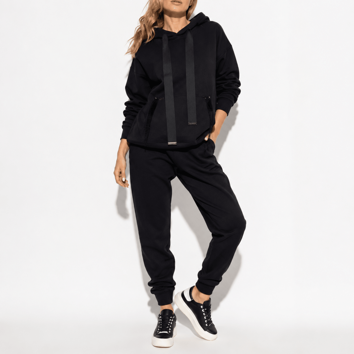 Phoebe - Women's Contrast Side Stripe Hoodie and Jogger Co-ord - Outfit Sets - Black - Parker&Brooks