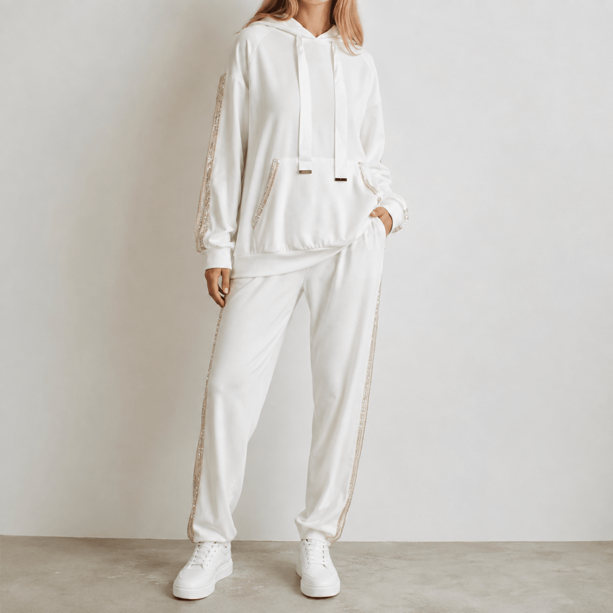 Phoebe - Women's Contrast Side Stripe Hoodie and Jogger Co-ord - Outfit Sets - White - Parker&Brooks