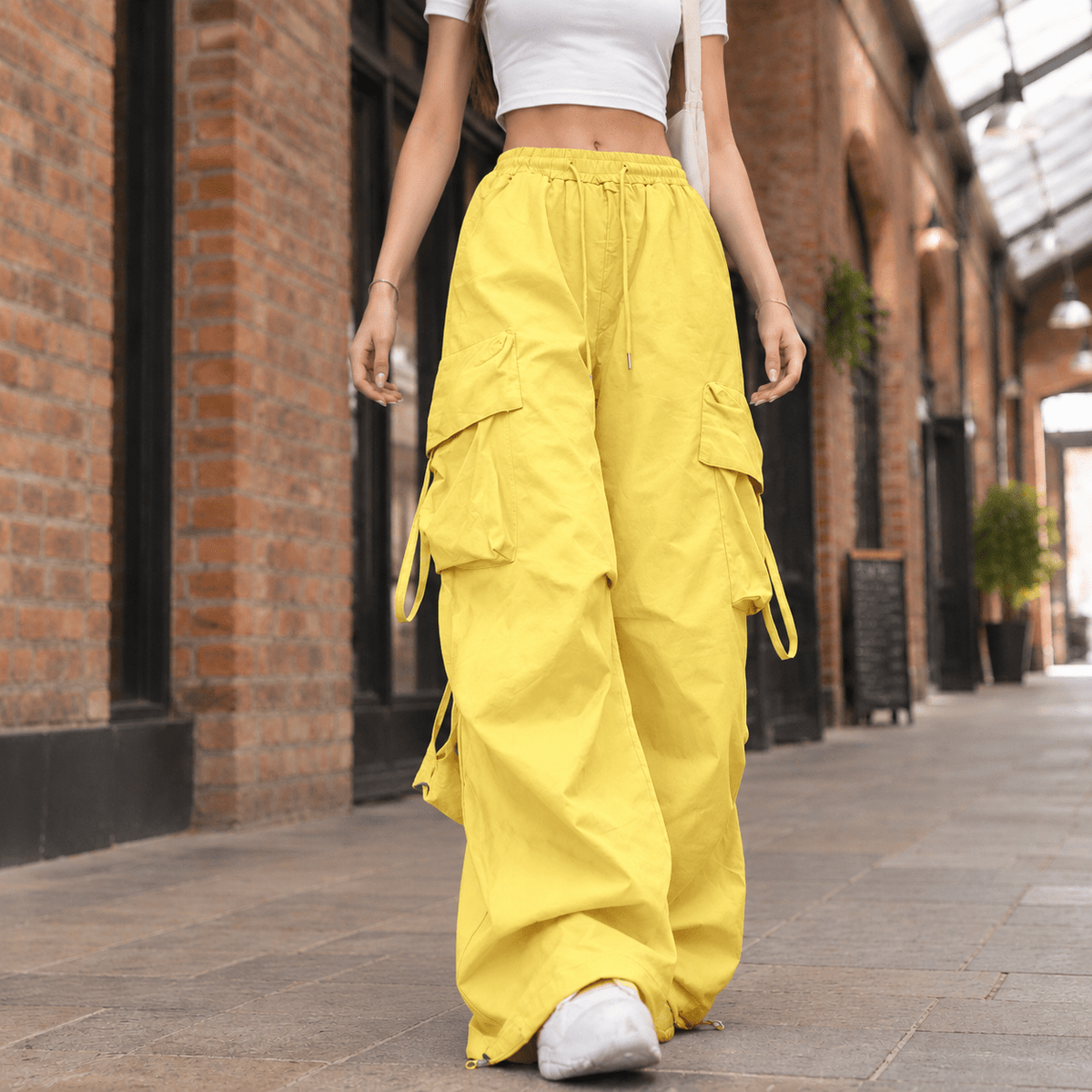 Phoebe – Women’s High Waisted Wide Leg Drawstring Cargo Pants - Cargo Pants - Yellow - Sarvento