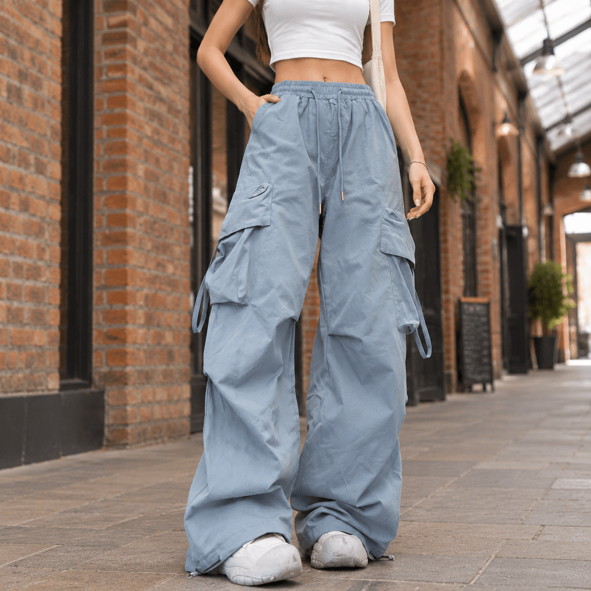Phoebe – Women’s High Waisted Wide Leg Drawstring Cargo Pants - Cargo Pants - Light Blue - Sarvento