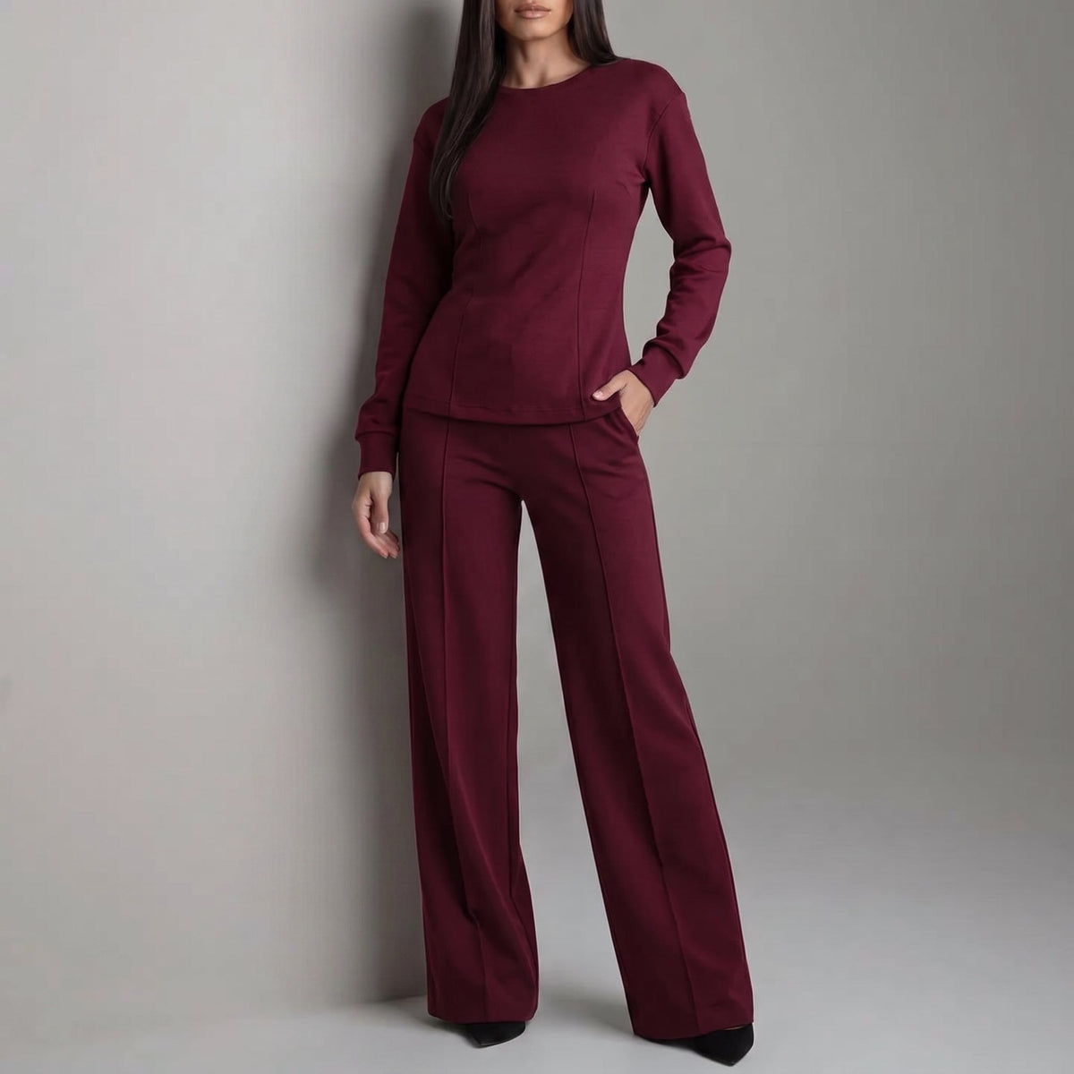 Phoebe - Women's Long Sleeve Wide-Leg Trouser Co-ord Set - Outfit Sets - Burgundy - Parker&Brooks
