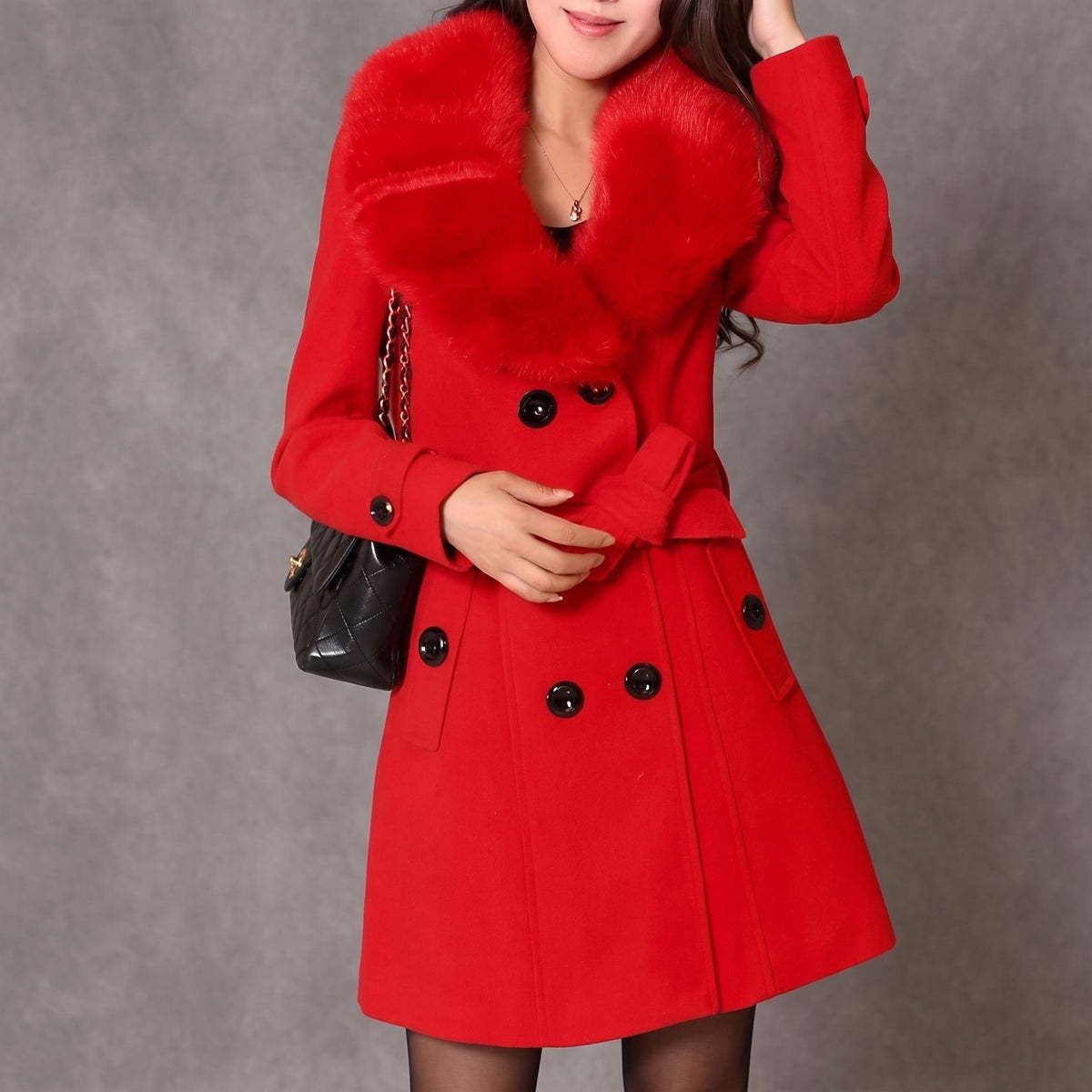 Rachel - Women's Double-Breasted Coat with Faux Fur Collar - Overcoats - Red - Sarvento